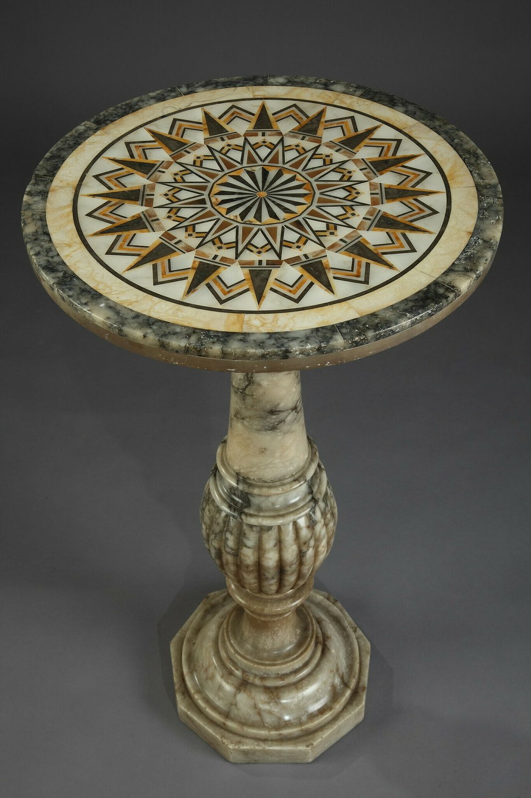 Pedestal Table In Alabaster With Marble Inlaid Top In Italian Style, 16th Century photo for sale