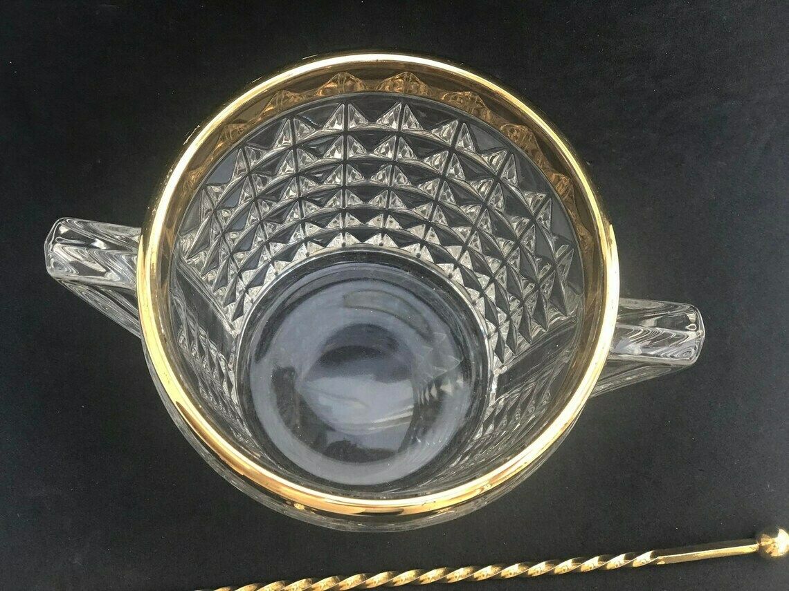 Ice Bucket Heavy Glass Molded With Handles Mid Century Retro Bar Accessories Mcm Gift For Him Hollywood Regency Gold Bar Decor photo Home Decor