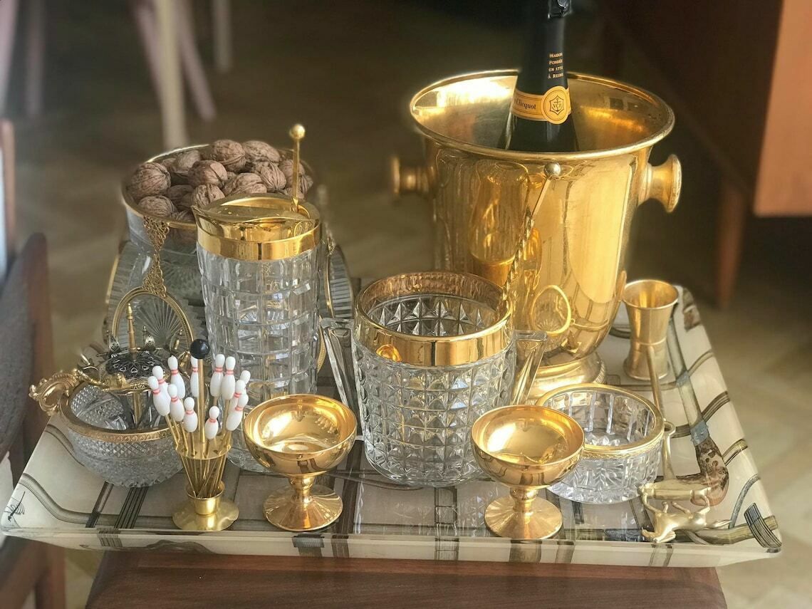 Ice Bucket Heavy Glass Molded With Handles Mid Century Retro Bar Accessories Mcm Gift For Him Hollywood Regency Gold Bar Decor photo vintage