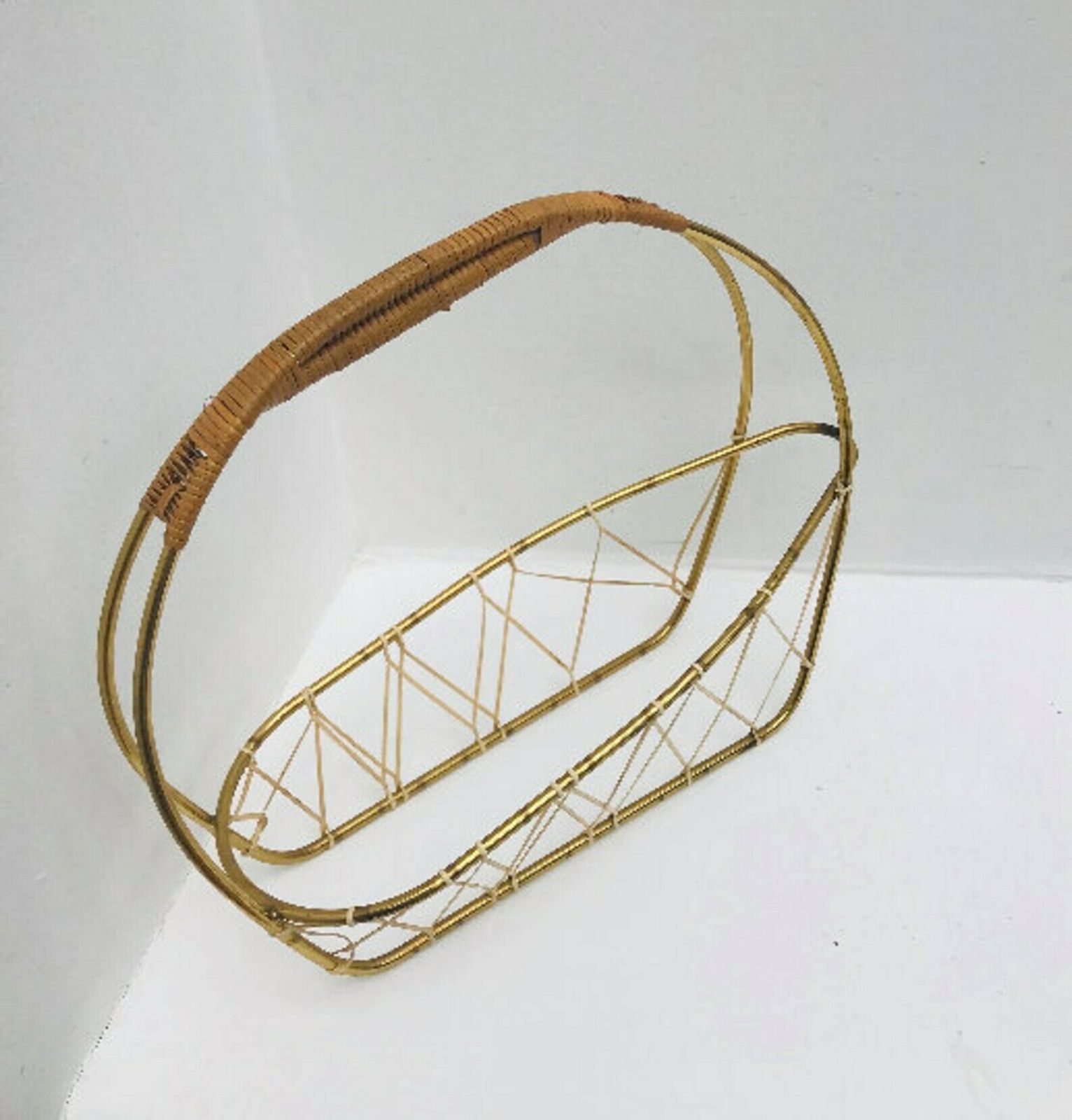 Wine Bottle Holder Wine Pourer Stand Caddy Gold Light Wire And Bamboo On The Handle, 70s Bar Cart Hollywood Regency Gift For Him photo vintage