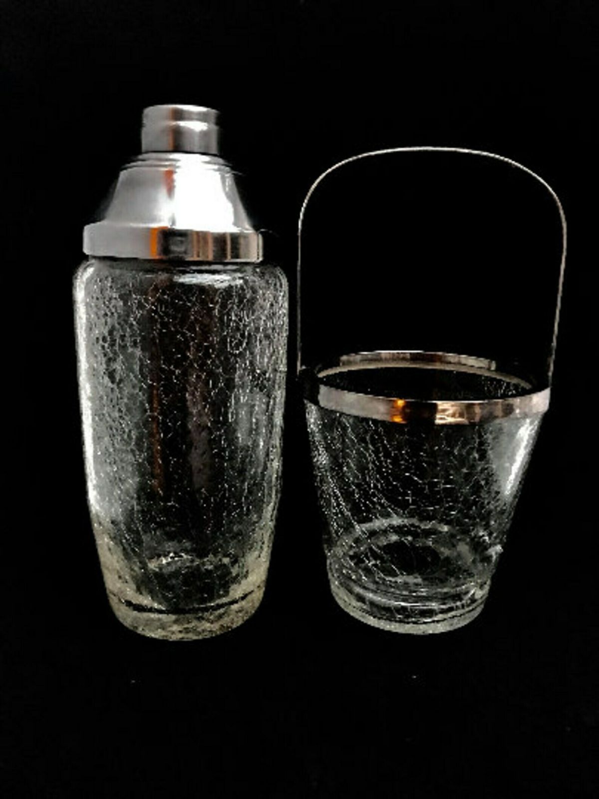 photo for sale Vintage Set Bar Cocktail Shaker And Ice Bucket Stainless Steel And Crystal Bar Accessories Mid Century Martini Cocktail Mixing Glass