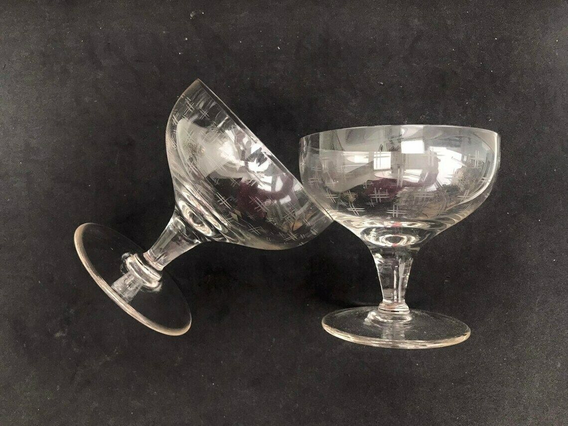 photo for sale 2 Antique Champagne Coupes Glasses Crystal Cut Coupes 1920s French Set 2 Stem Bar Cart Decor Wedding Bartender Cocktail Glasses Gift