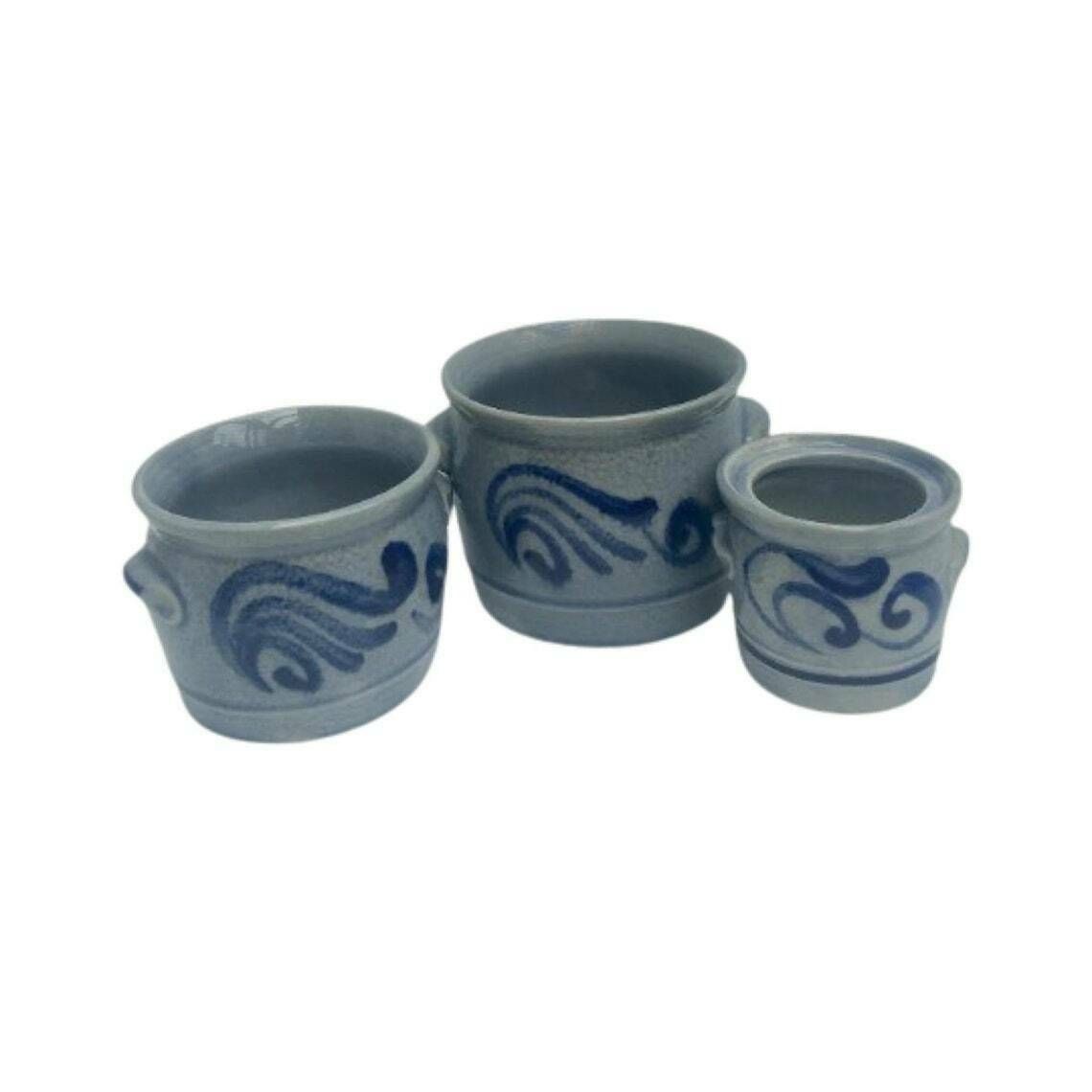 Westerwald Salt Glazed Cobalt Blue Set 3 Plant Pot Indoor Grey Plant Pot Cache Pot Outdoor Pottery, Blue Cobalt Grey Ceramic Stoneware.