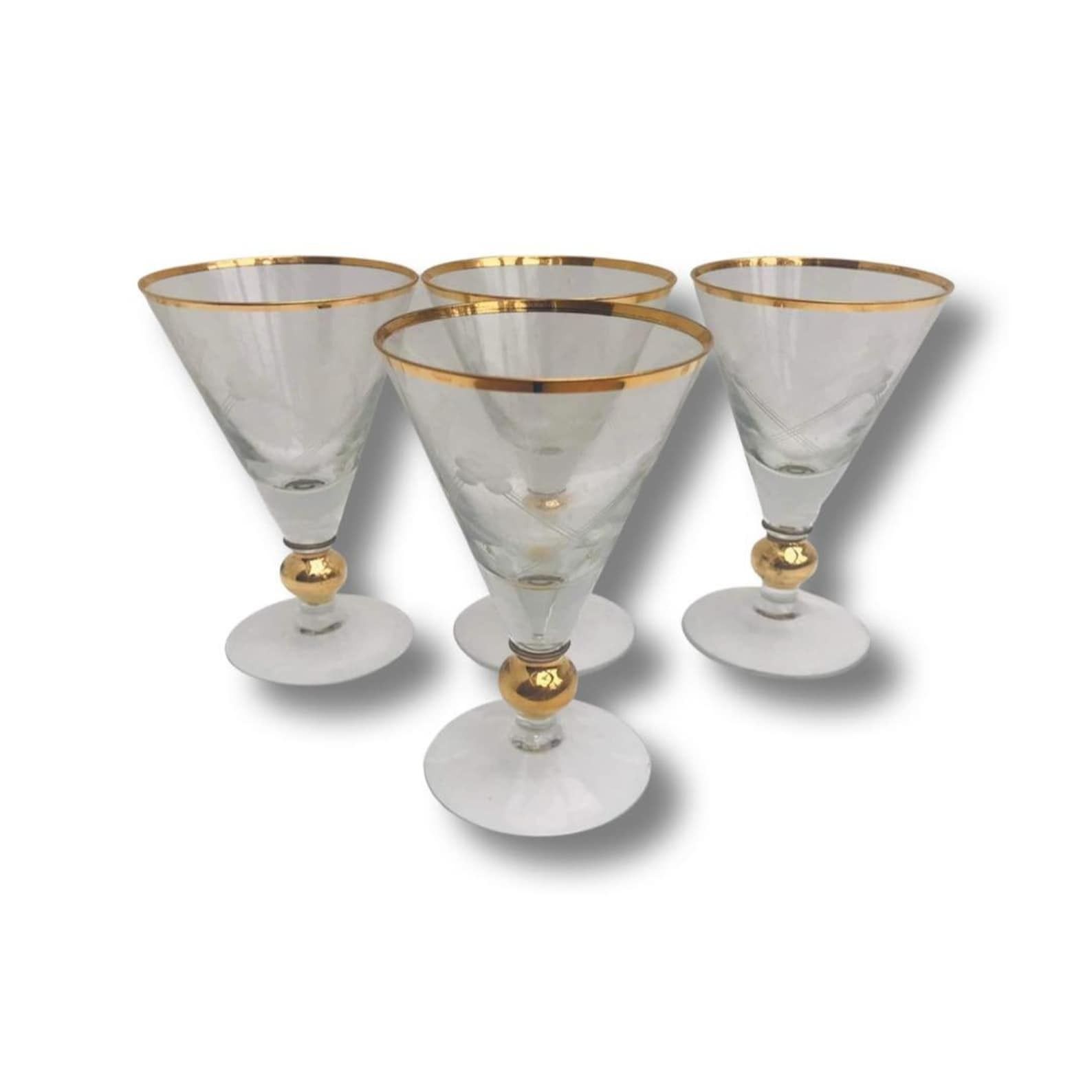 Water Glasses Set Of 4 Golden Decorated Foot With A Ball And A Round Base Gilded Hollywood Regency Bar France Christmas Table Bar Cart photo Home Decor