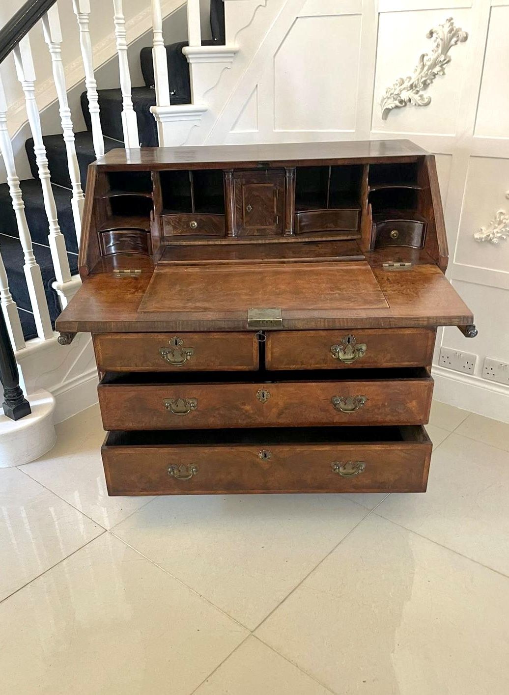 Large Antique William And Mary Burr Walnut Herringbone Inlaid Two Part Bureau photo for sale