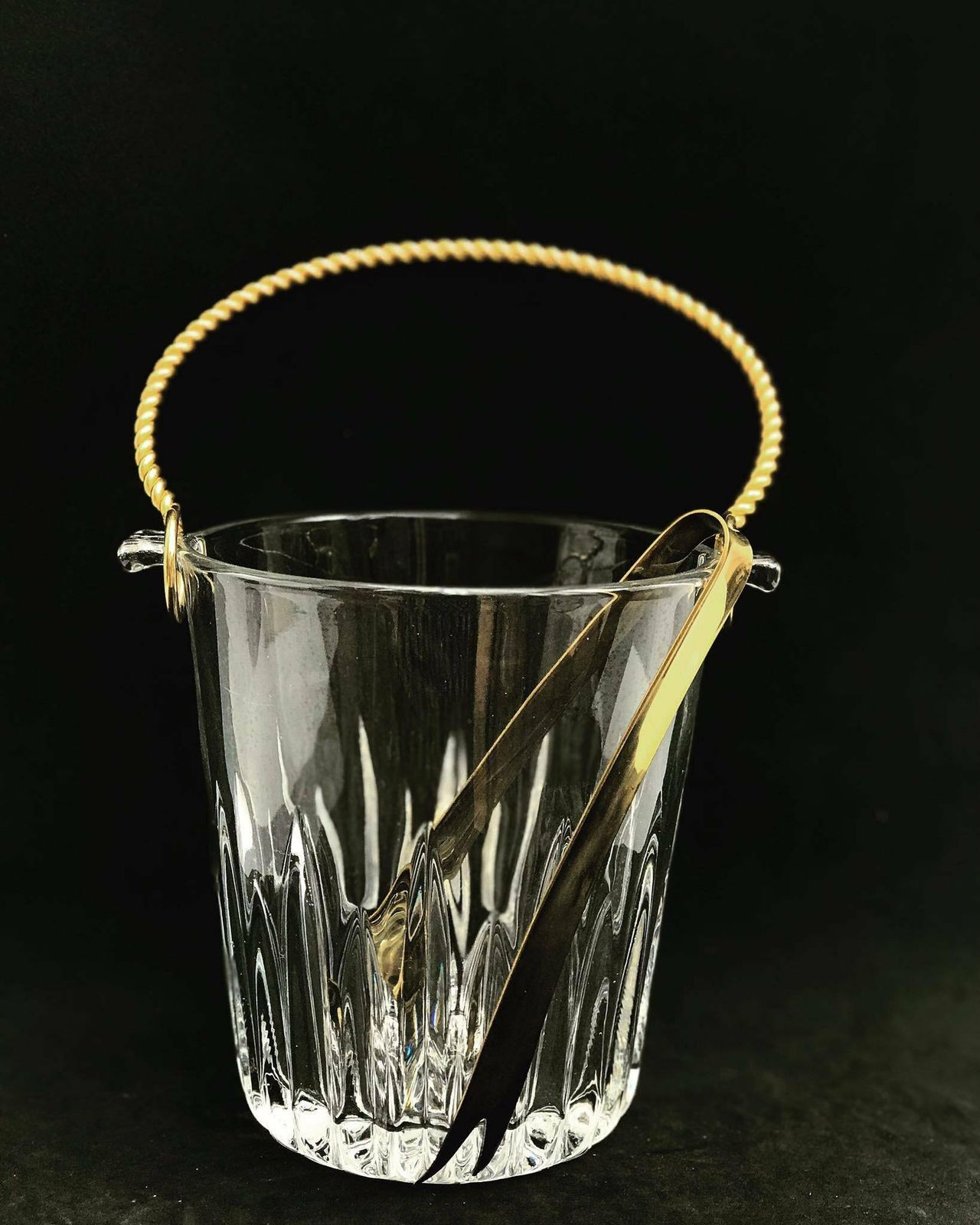 Ice Bucket Vintage, Heavy Glass Ice Bucket Golden Handle , 50s. Carved, Bar Accessories, Mid Century Modern, Vintage Bar, Cocktails. photo furniture