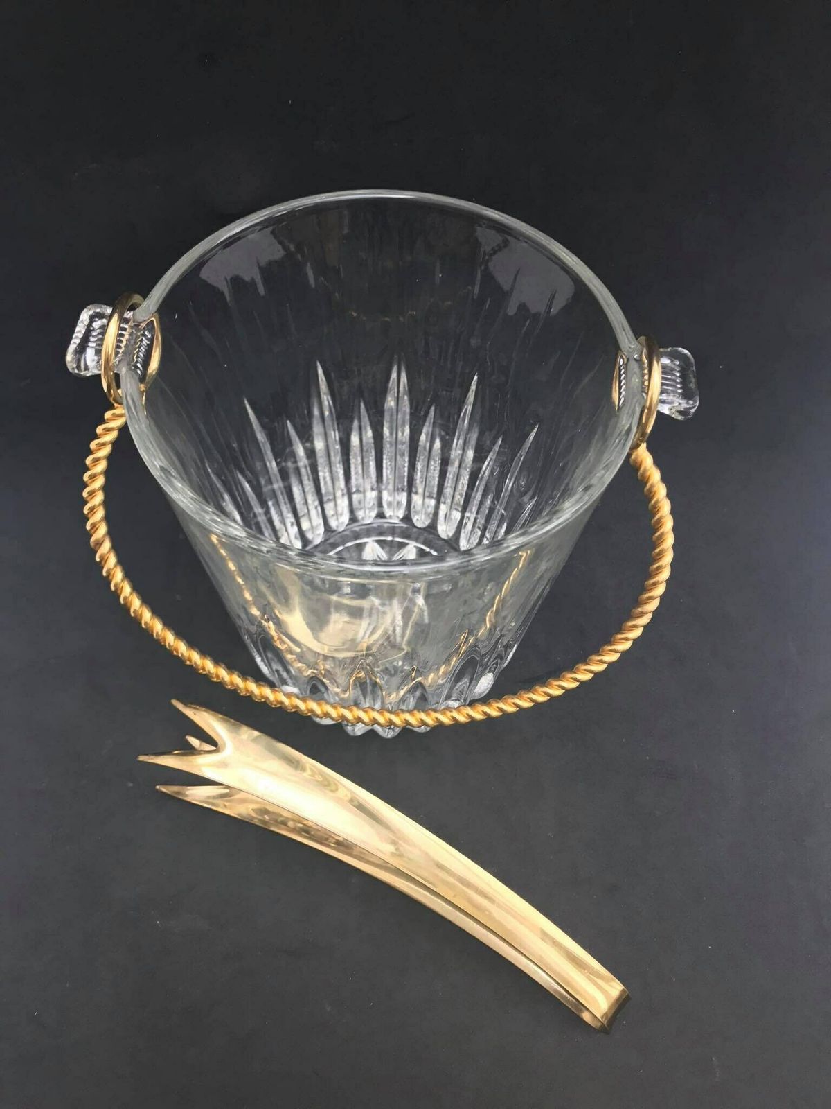 photo furniture Ice Bucket Vintage, Heavy Glass Ice Bucket Golden Handle , 50s. Carved, Bar Accessories, Mid Century Modern, Vintage Bar, Cocktails.