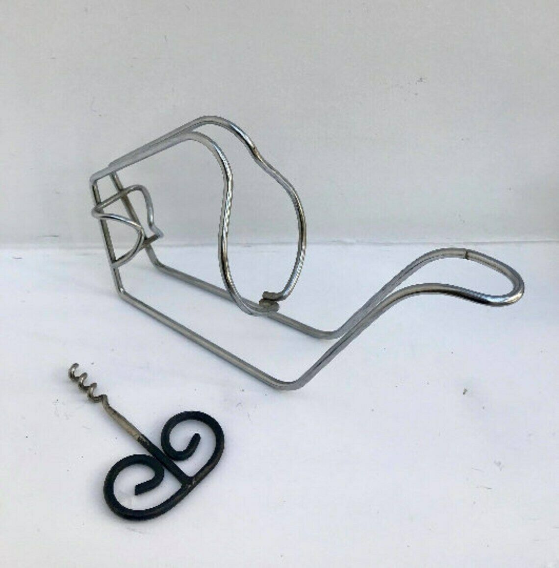 Wine Cradle Bottle Holder Wire Metal Wine Holder And Bottle Opener Corkscrew Wire Mid Century Bar Accessories, Gift For Him Bar Tools photo for sale