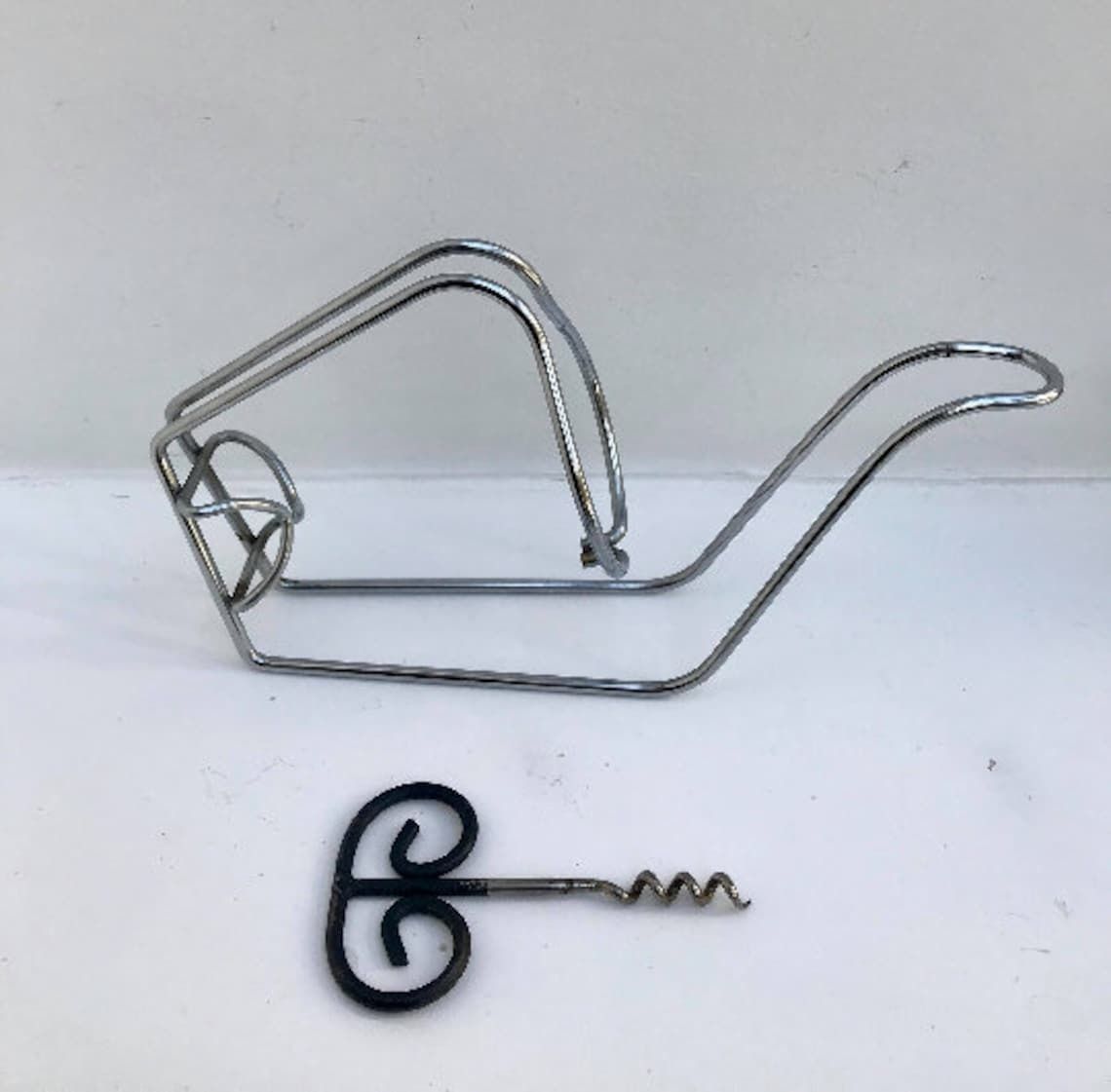Wine Cradle Bottle Holder Wire Metal Wine Holder And Bottle Opener Corkscrew Wire Mid Century Bar Accessories, Gift For Him Bar Tools photo buy