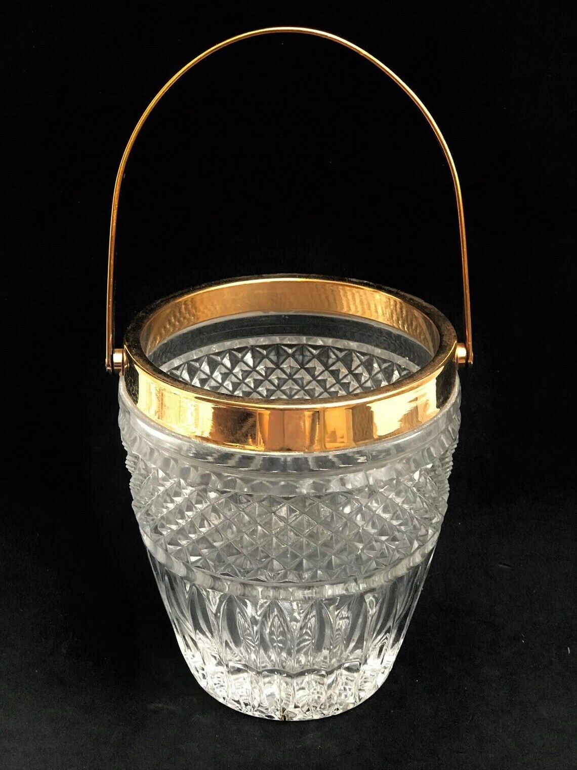 Ice Bucket Heavy Molded Glass French With Golden Metal Handles Mid Century Barware Mixology Tools Bar Cart Hollywood Regency Man Cave Gift photo vinterior