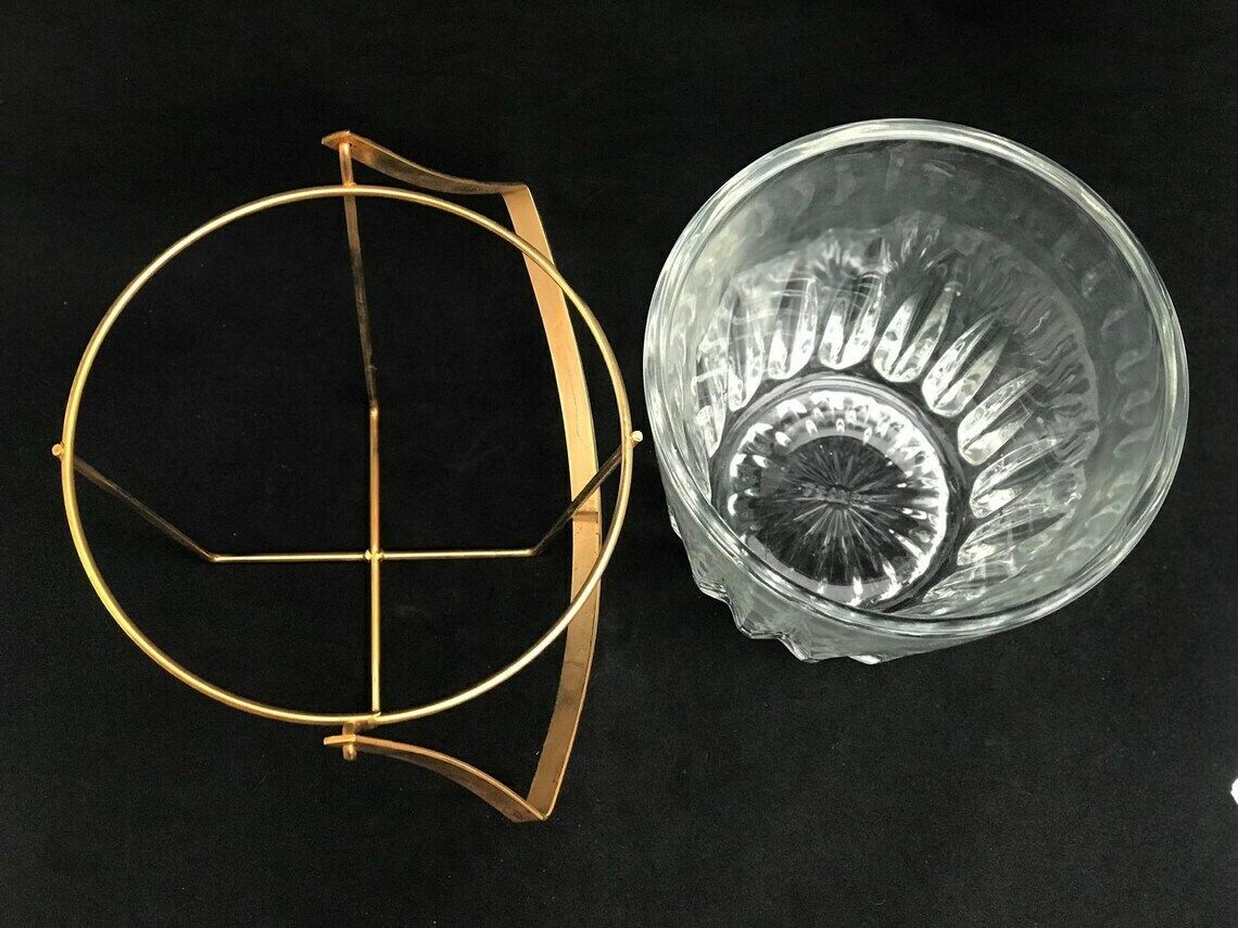 Ijsemmer Van Zwaar Gegoten Glas, Frans, Met Gouden Metalen Handgrepen – Mid Century Barware, Mixologie Accessoires, Barkast, Hollywood Regency, Man Cave, Cadeau photo Woonaccessoires