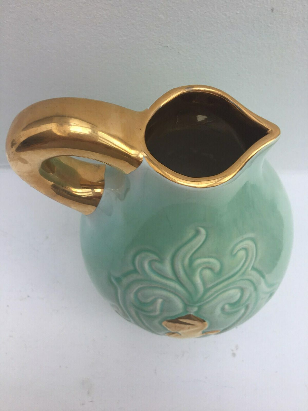 Ceramic Pitcher, Green Mint And Gold Signed By Alexandre De Wemmel (1909   64) Mid Century Belgian Pottery Vase Turquoise Golden Handle photo vinterior