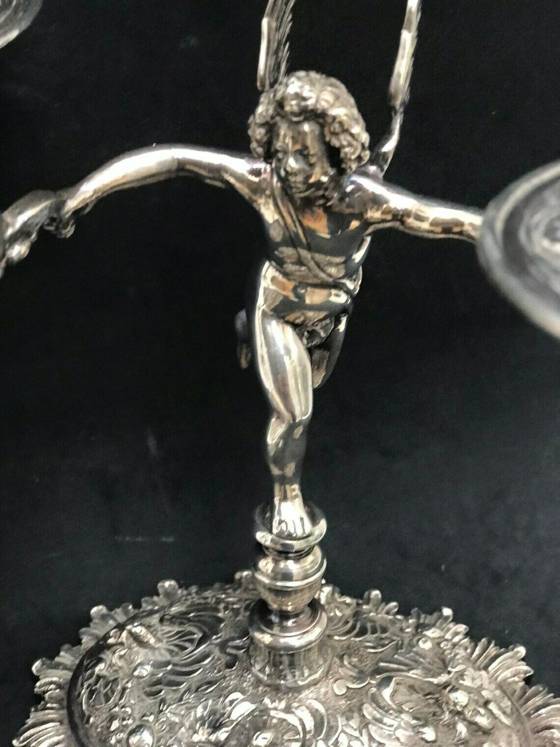Pair Silver Plated Chandeliers Antique Candlestick Holder Cherubs Putti Angels, XIX Century French Napoleon III Romantic Decor Luxury Gift photo vinterior