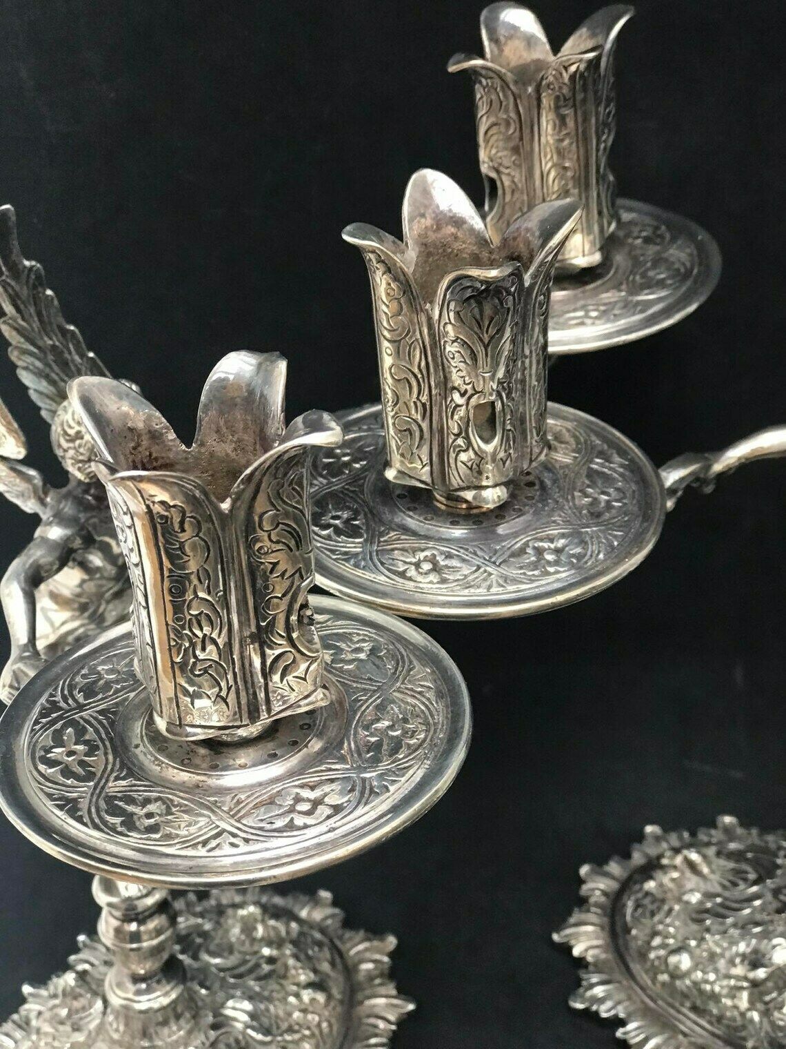 Pair Silver Plated Chandeliers Antique Candlestick Holder Cherubs Putti Angels, XIX Century French Napoleon III Romantic Decor Luxury Gift photo buy