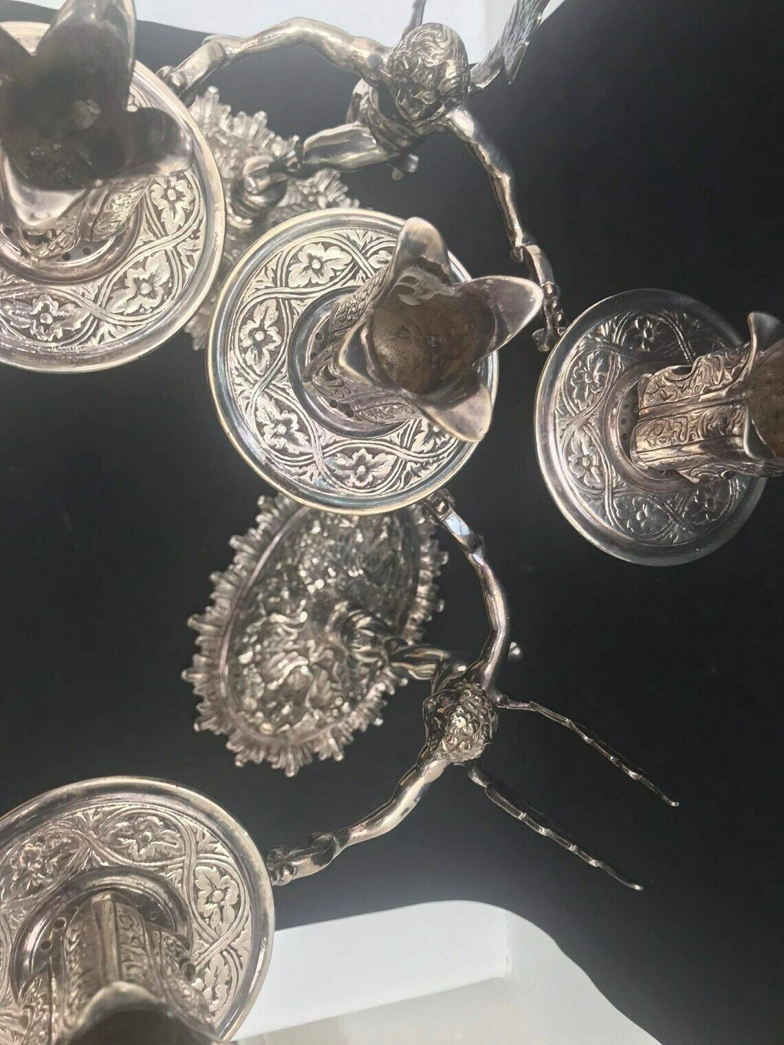 photo for sale Pair Silver Plated Chandeliers Antique Candlestick Holder Cherubs Putti Angels, XIX Century French Napoleon III Romantic Decor Luxury Gift