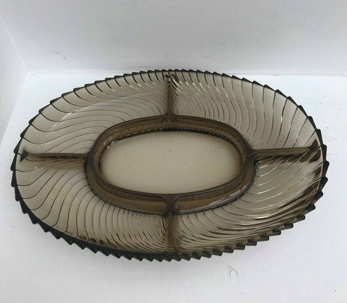 Gerookt glas – 2 schalen, geperst glas, mid-century, brede ronde schaal, ovale vintage schaal, hapjesbord, tafel, kerst photo buy