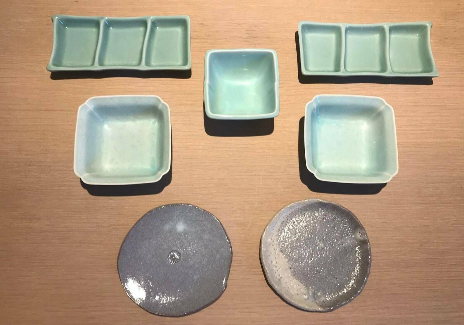Sushi Plates Set Serving Tray, Sauce Dish, Dinner Sashimi Plate Asian Food Dish Green Acqua Ceramic Porcelain Fish Serving Tray photo Home Decor