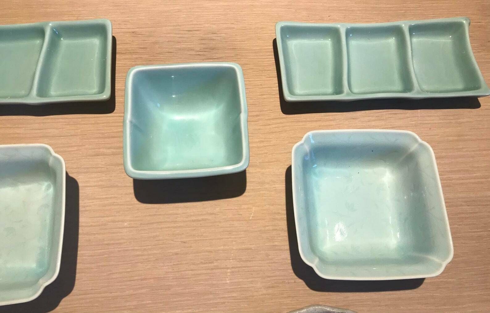 Sushi Plates Set Serving Tray, Sauce Dish, Dinner Sashimi Plate Asian Food Dish Green Acqua Ceramic Porcelain Fish Serving Tray photo vinterior