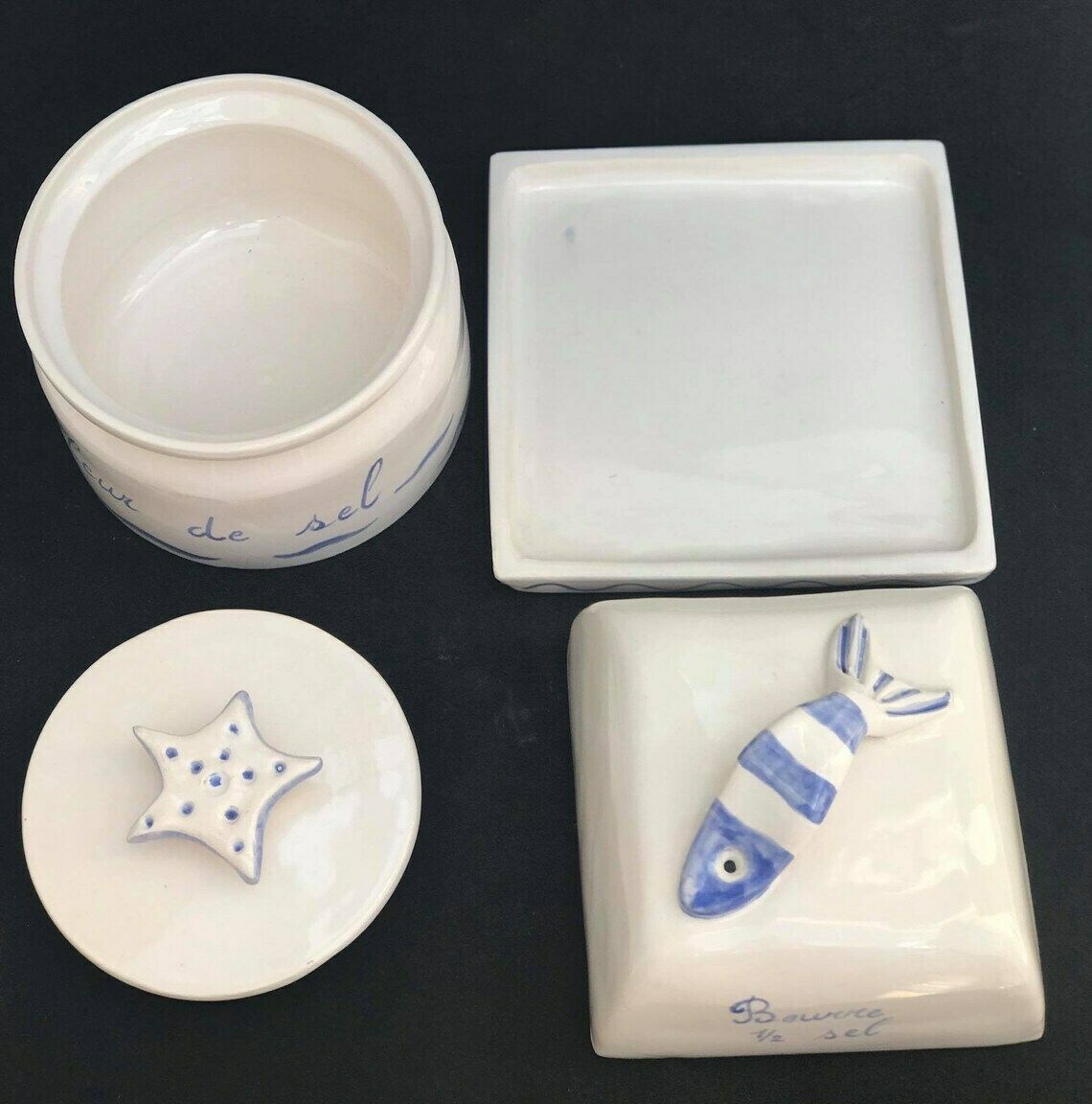 Botervloot Met Deksel En Zoutpot, Handgemaakt Blauw Wit Decor, Zout, Boter, Fleur De Sel, Geglazuurd Aardewerk, Vis, Keuken, Kust photo 189.0