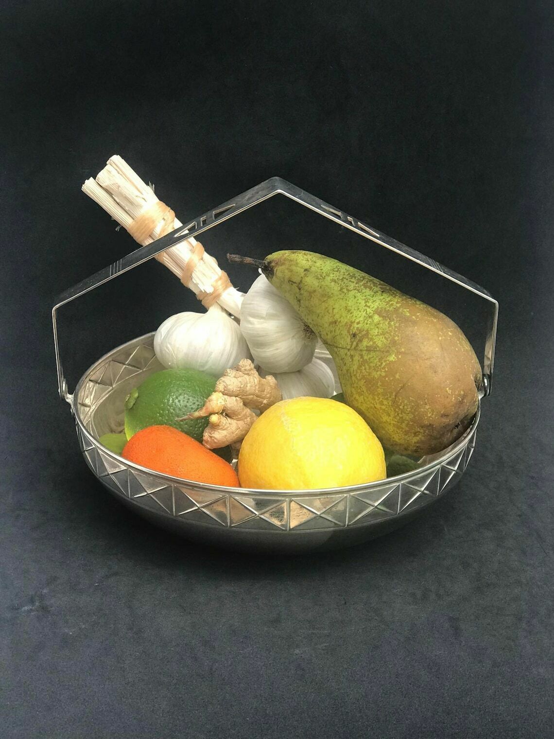 Art Deco Scandinavian Fruit Basket, Metal Bowl With Handle, Silver Plated, 1940. Fruit Basket, Centerpiece, Danish Bowl, 1940s photo Home Decor