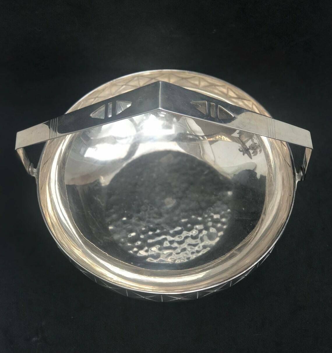 Art Deco Scandinavian Fruit Basket, Metal Bowl With Handle, Silver Plated, 1940. Fruit Basket, Centerpiece, Danish Bowl, 1940s photo vintage