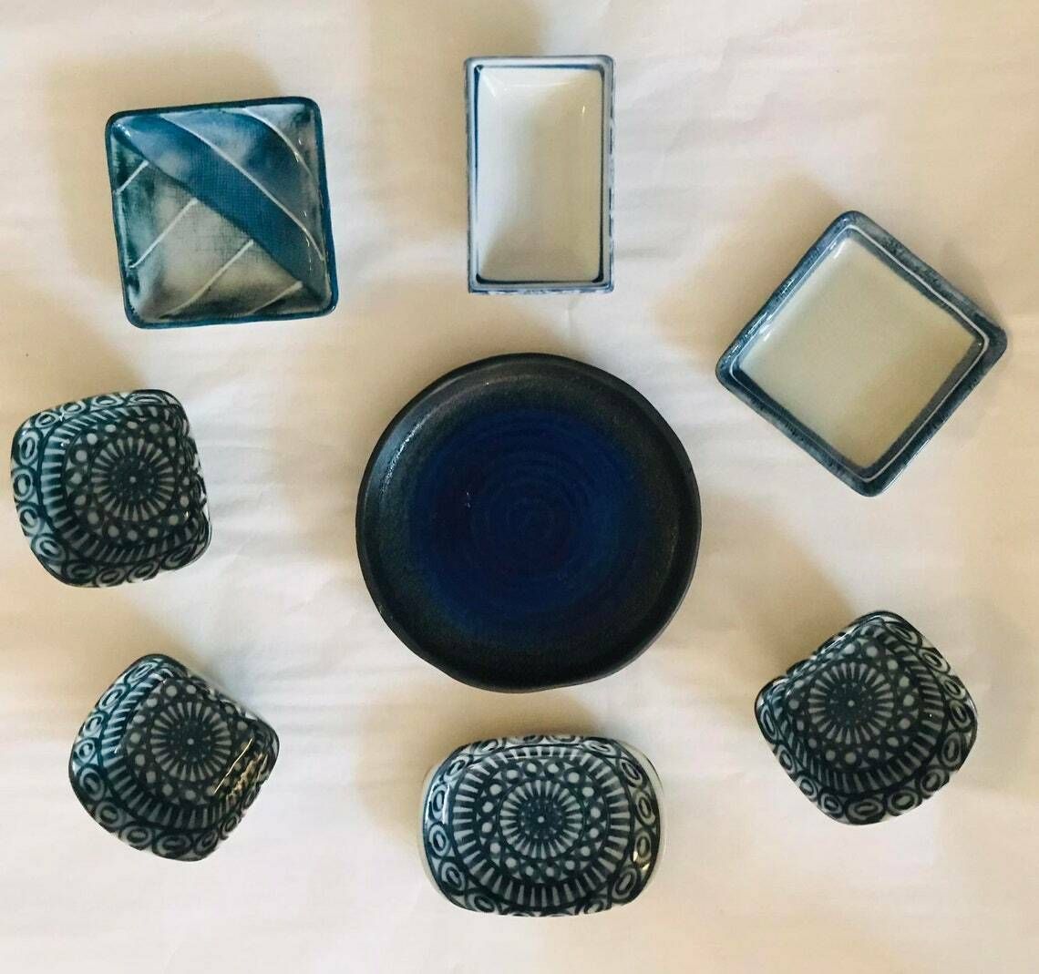 Japanese Bowls Plates Set Serving Sauce Dish, Dinner Sashimi Plate Asian Food Dish Blue Ceramic Porcelain Fish Serving Tray photo Home Decor