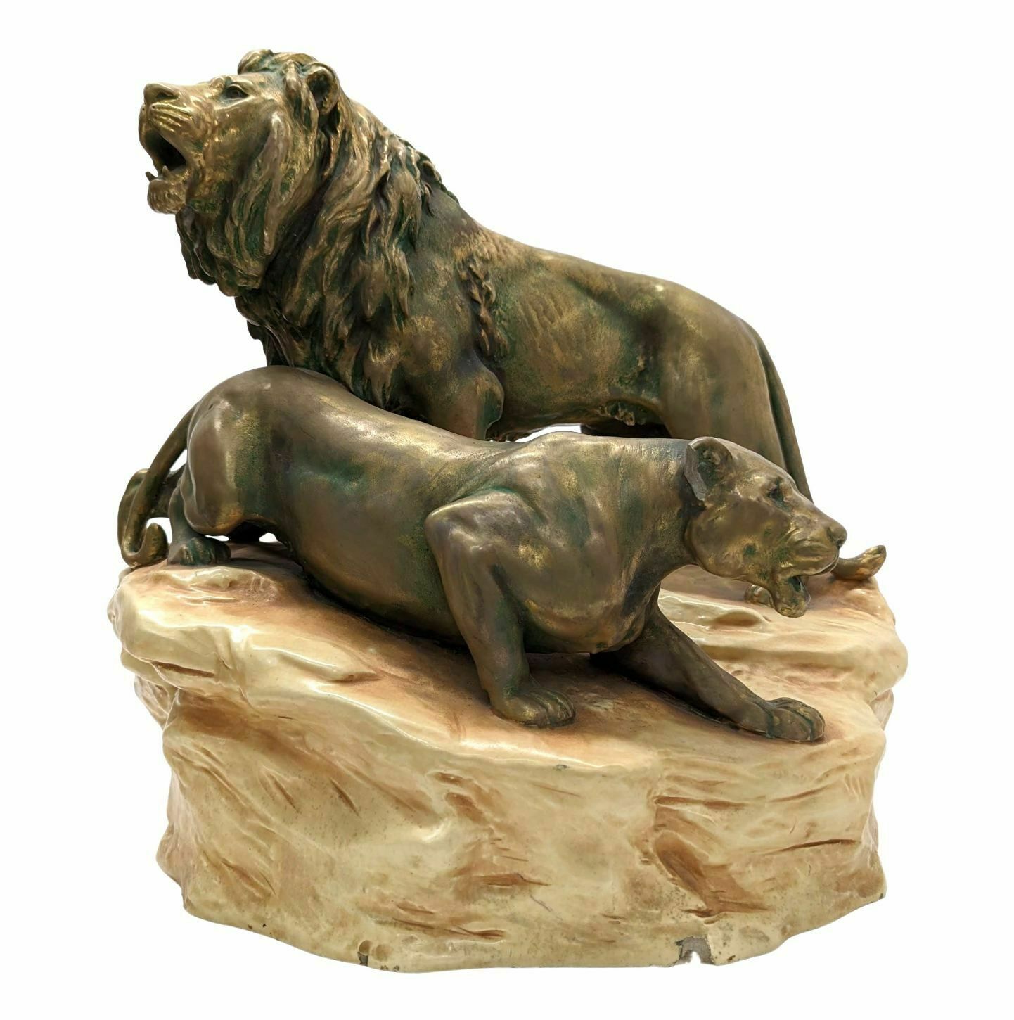 Couple Of Lions In Iridescent Earthenware From Bohemia 1950