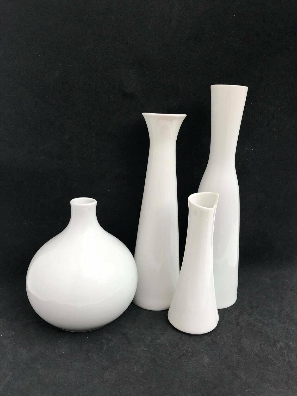 Set Of 4 White Vases Porcelain Scherzer, Edelstein Vase And 2 Arzberg Small Vases Op Art Mid Century Photography Prop Wedding Gift