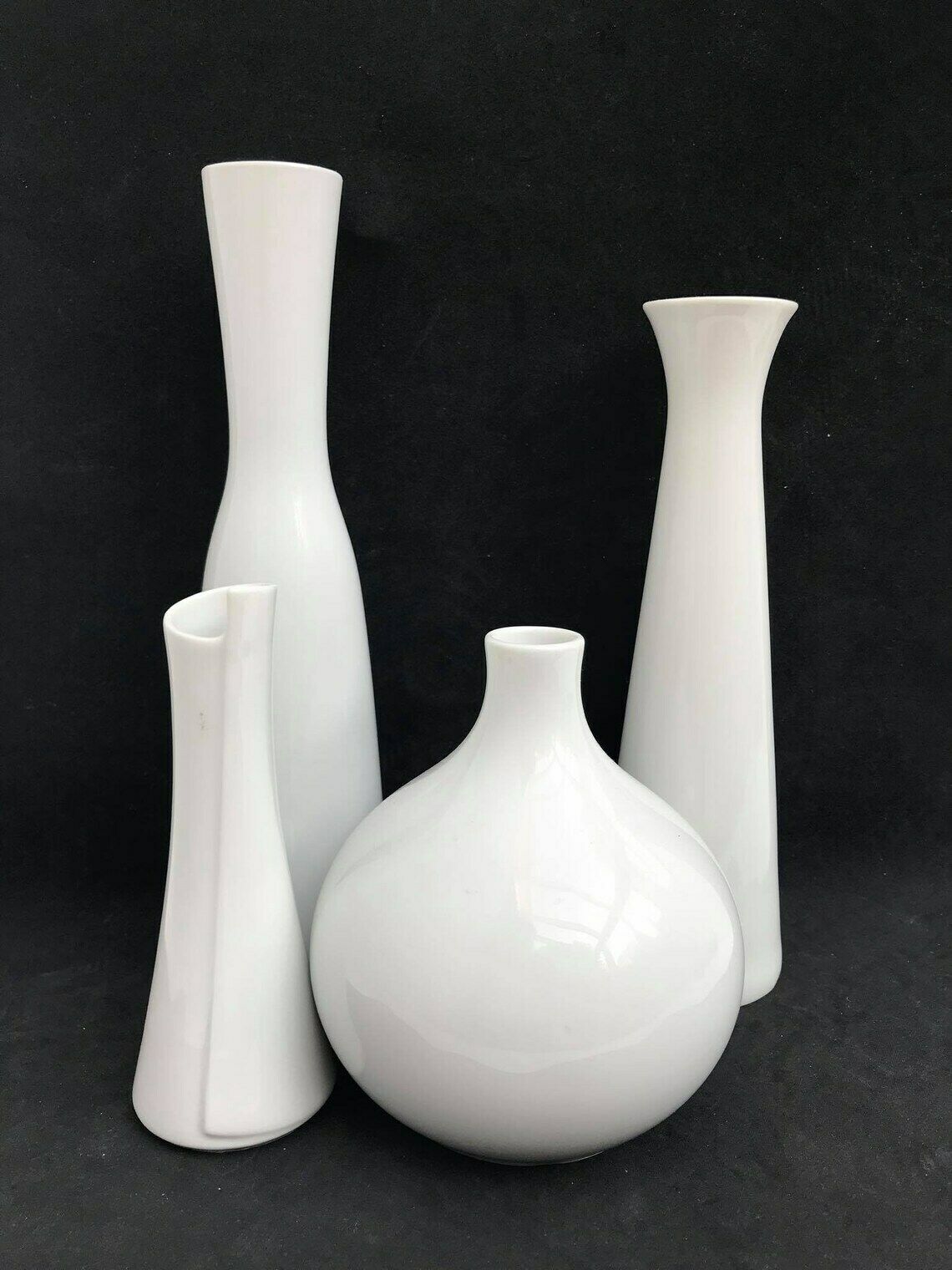 Set Of 4 White Vases Porcelain Scherzer, Edelstein Vase And 2 Arzberg Small Vases Op Art Mid Century Photography Prop Wedding Gift photo buy