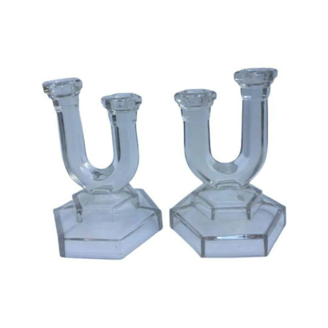 Candlestick Holders Art Deco Pair Of Vintage Pressed Glass 2 Arms Candelabra, Pair Candlestick Holder