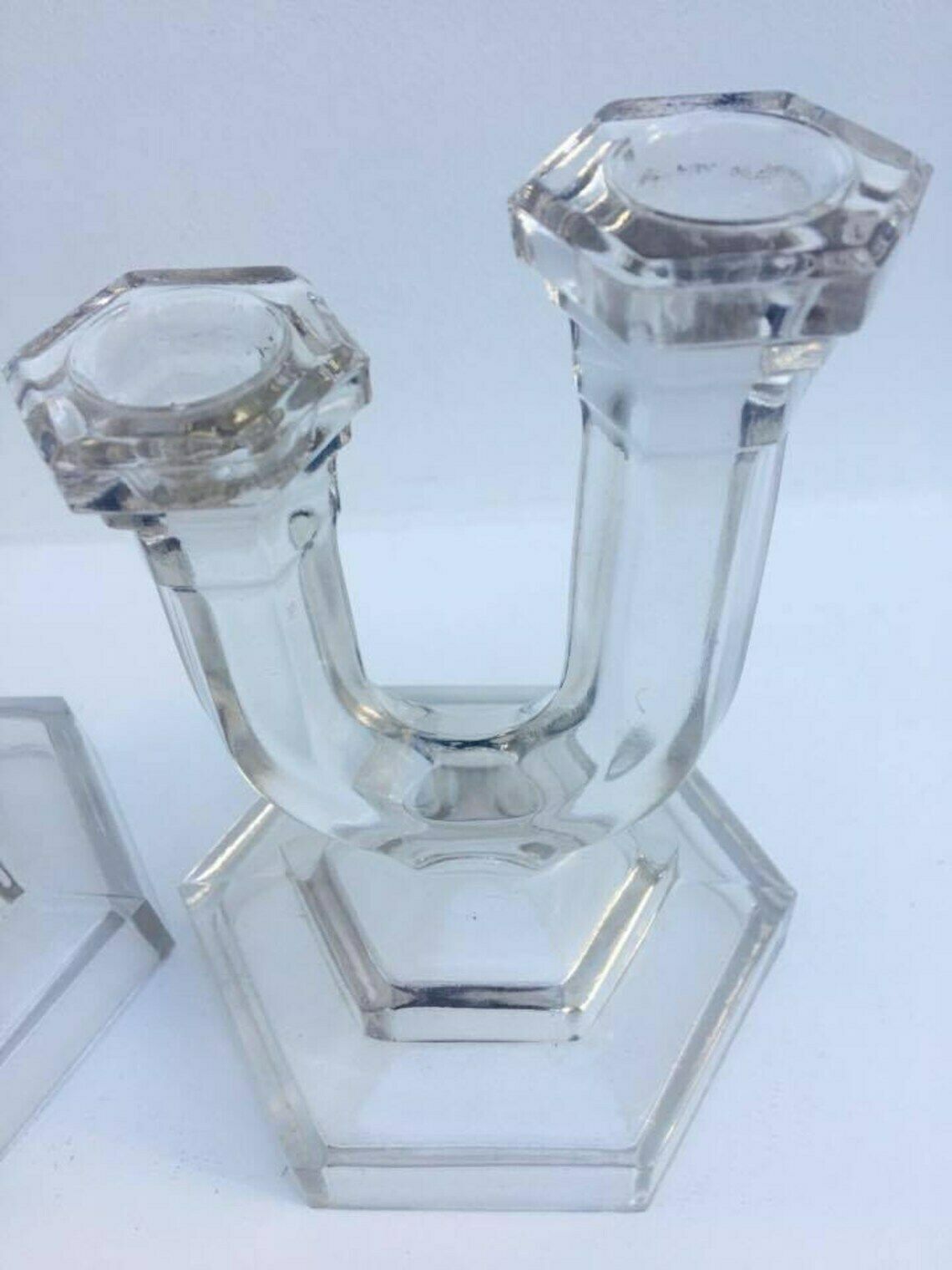 Candlestick Holders Art Deco Pair Of Vintage Pressed Glass 2 Arms Candelabra, Pair Candlestick Holder photo for sale