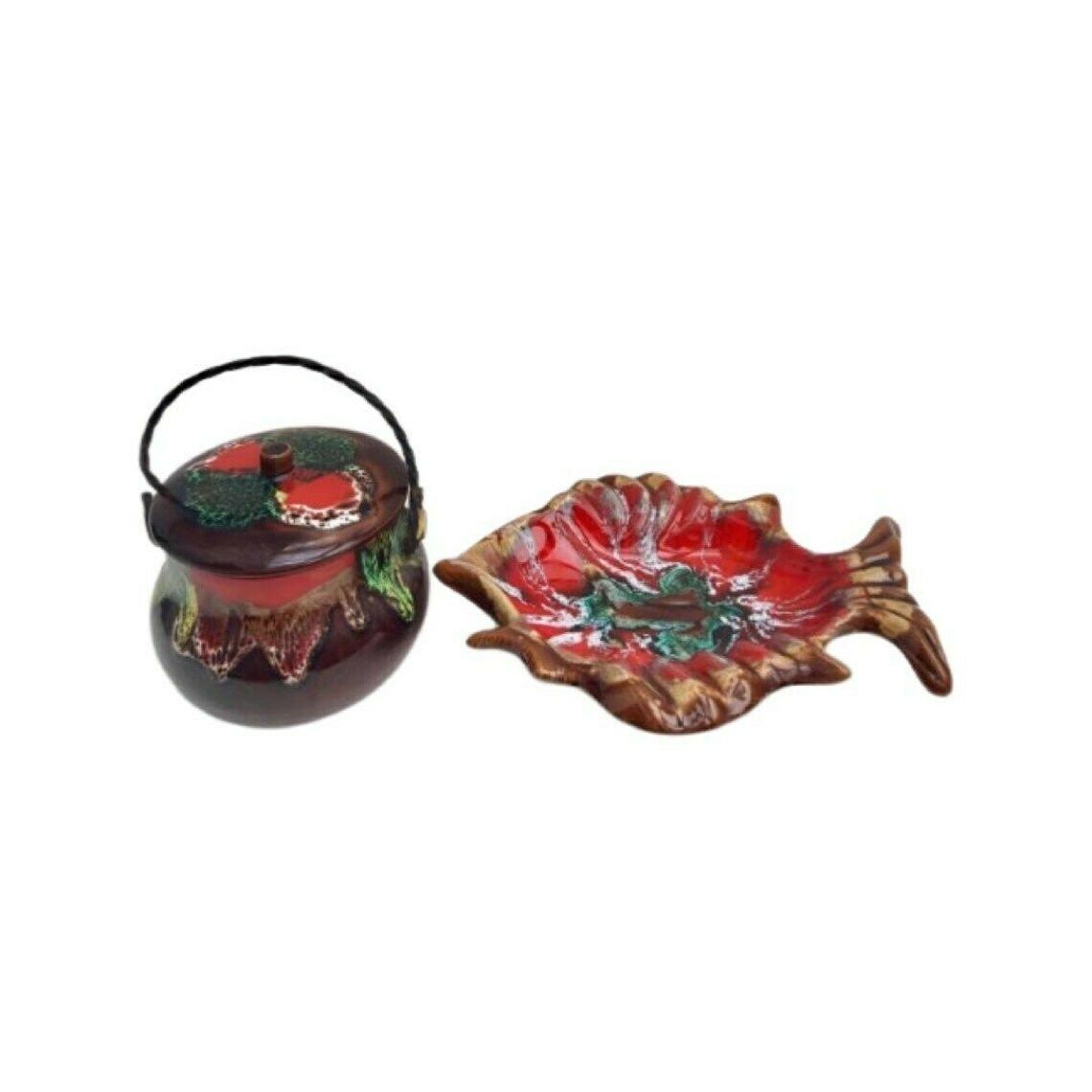 Vallauris Set 2 French Appetizer Plates, 1 Fish Shaped Ceramic Enamelled, 1 Pan Mid Century Vallauris Pottery Brown Red Pottery