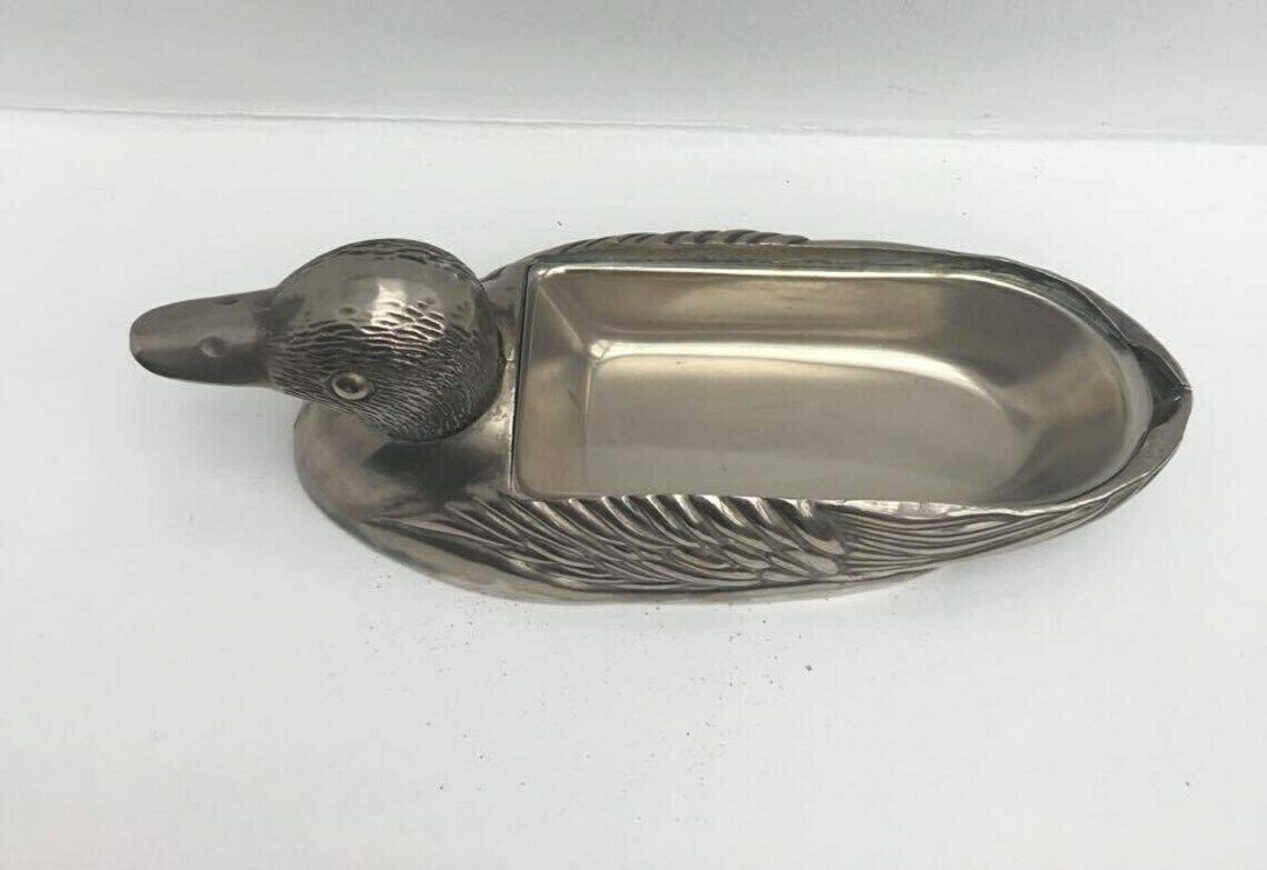 Butter Dish With Lid, Pâté Dish Plate, Duck Shaped Silver Metal Vintage 1.950 Kg, 1960s Lunch Table, Wedding Gift, Country Side Table photo vinterior
