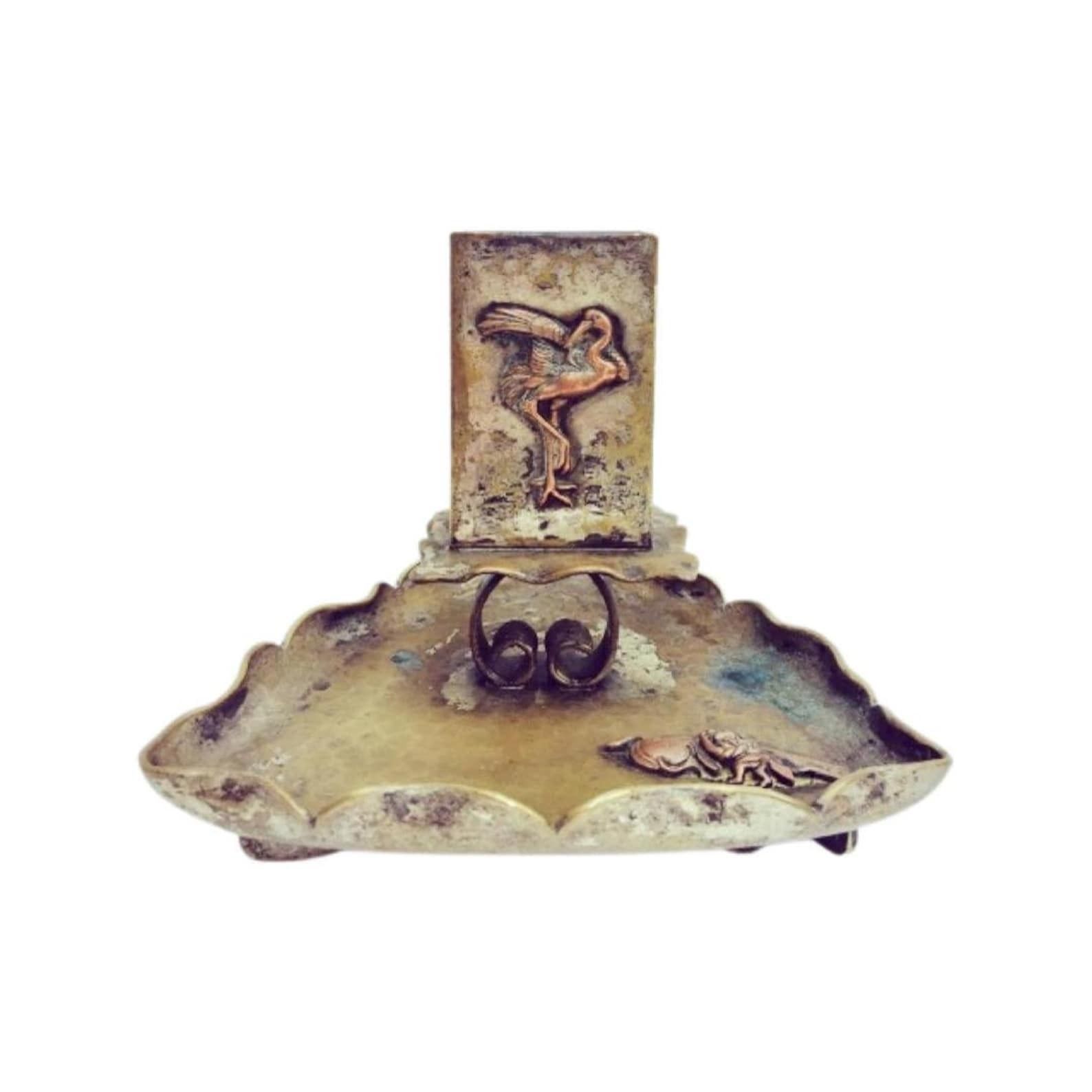 Antique Smoking Set ,Matches Box Holder In Bronze Hammered On Its Cup, Decorated With Magnificent Figures Of Flamenco And A Fish In Relief