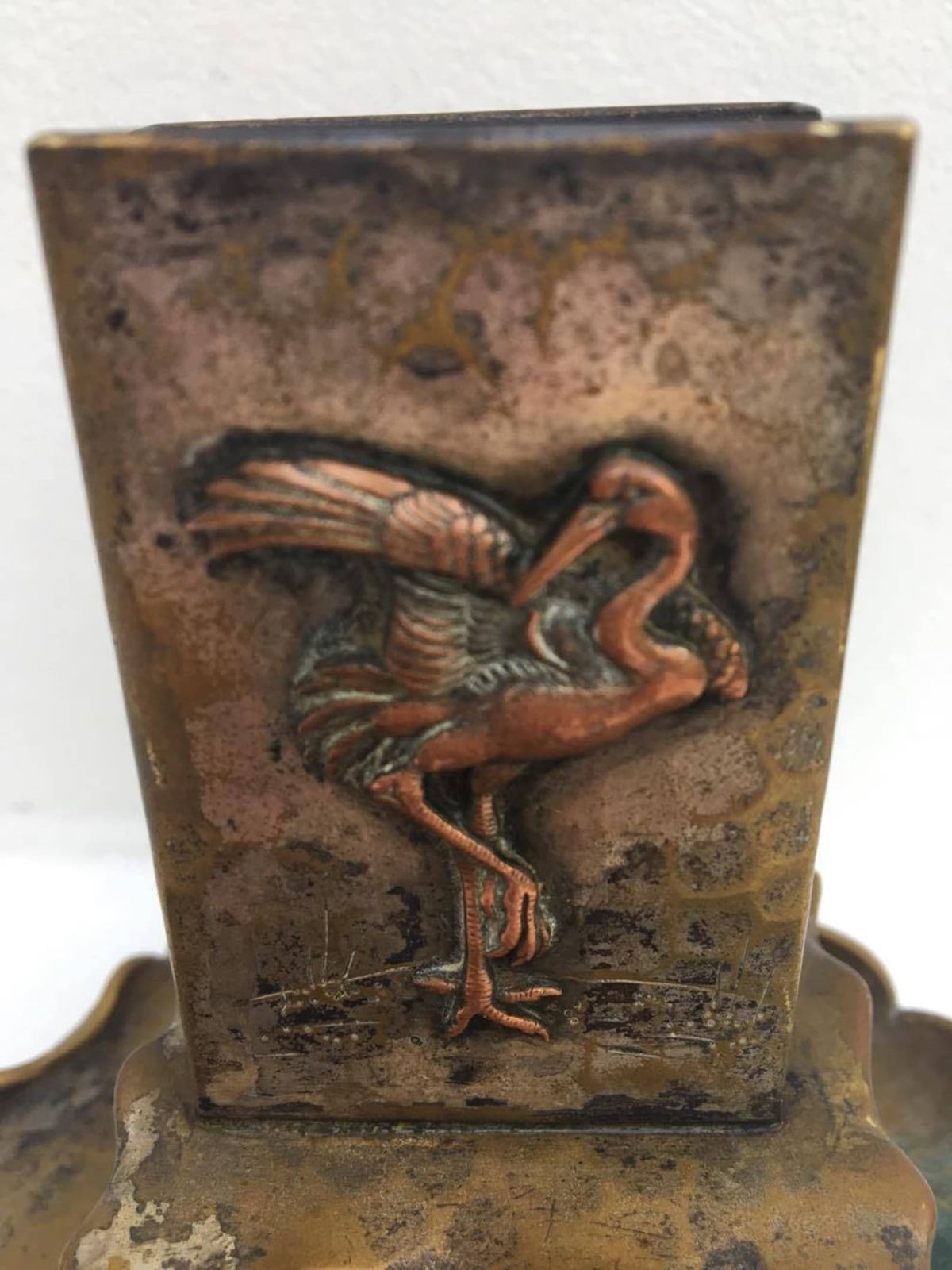 Antique Smoking Set ,Matches Box Holder In Bronze Hammered On Its Cup, Decorated With Magnificent Figures Of Flamenco And A Fish In Relief photo for sale
