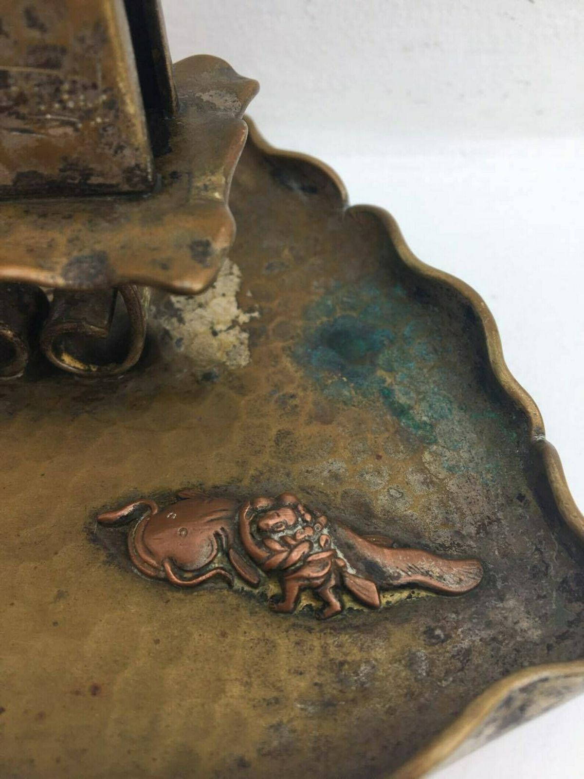 Antique Smoking Set ,Matches Box Holder In Bronze Hammered On Its Cup, Decorated With Magnificent Figures Of Flamenco And A Fish In Relief photo 114.0