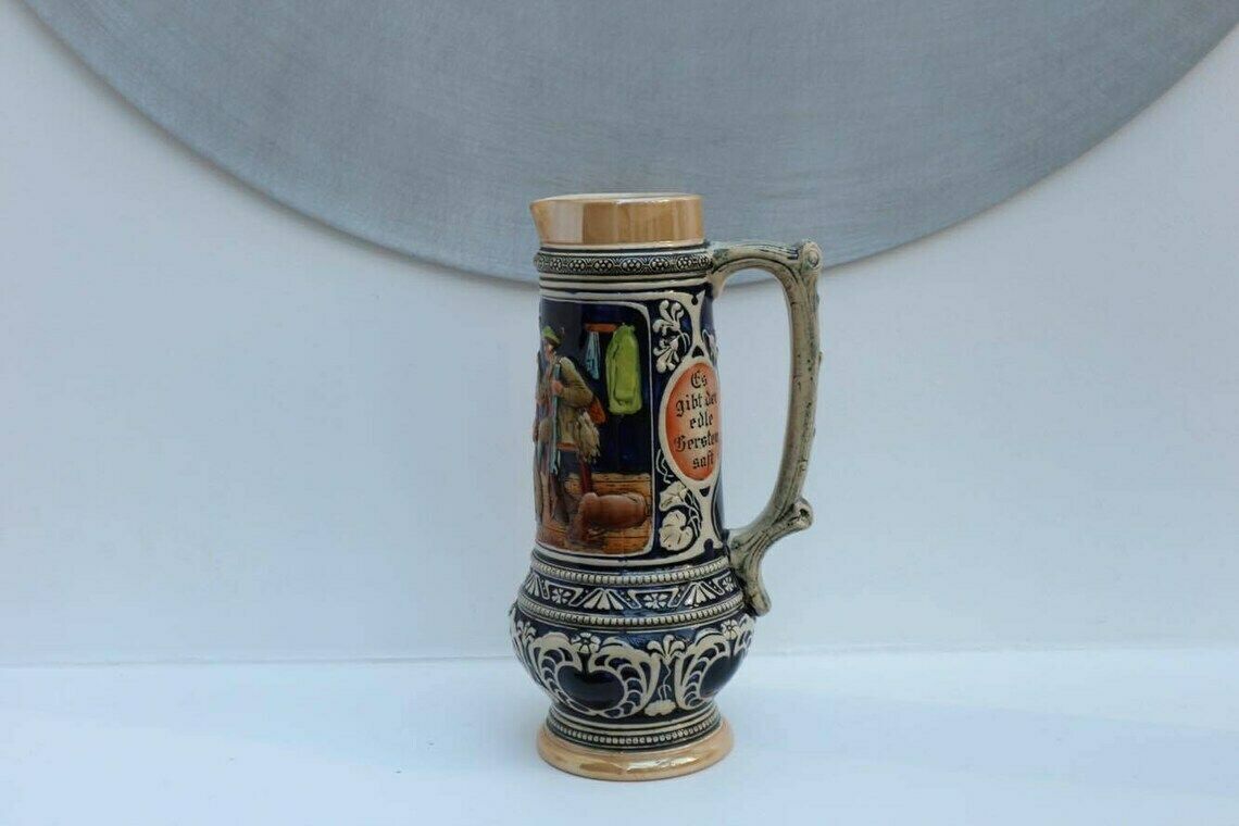 Extra Large German Stein, German Drinking Pitcher, Vintage German Stein, Ceramic Bavarian Stein, Drinking Scene, Family Scene, Glazed photo for sale