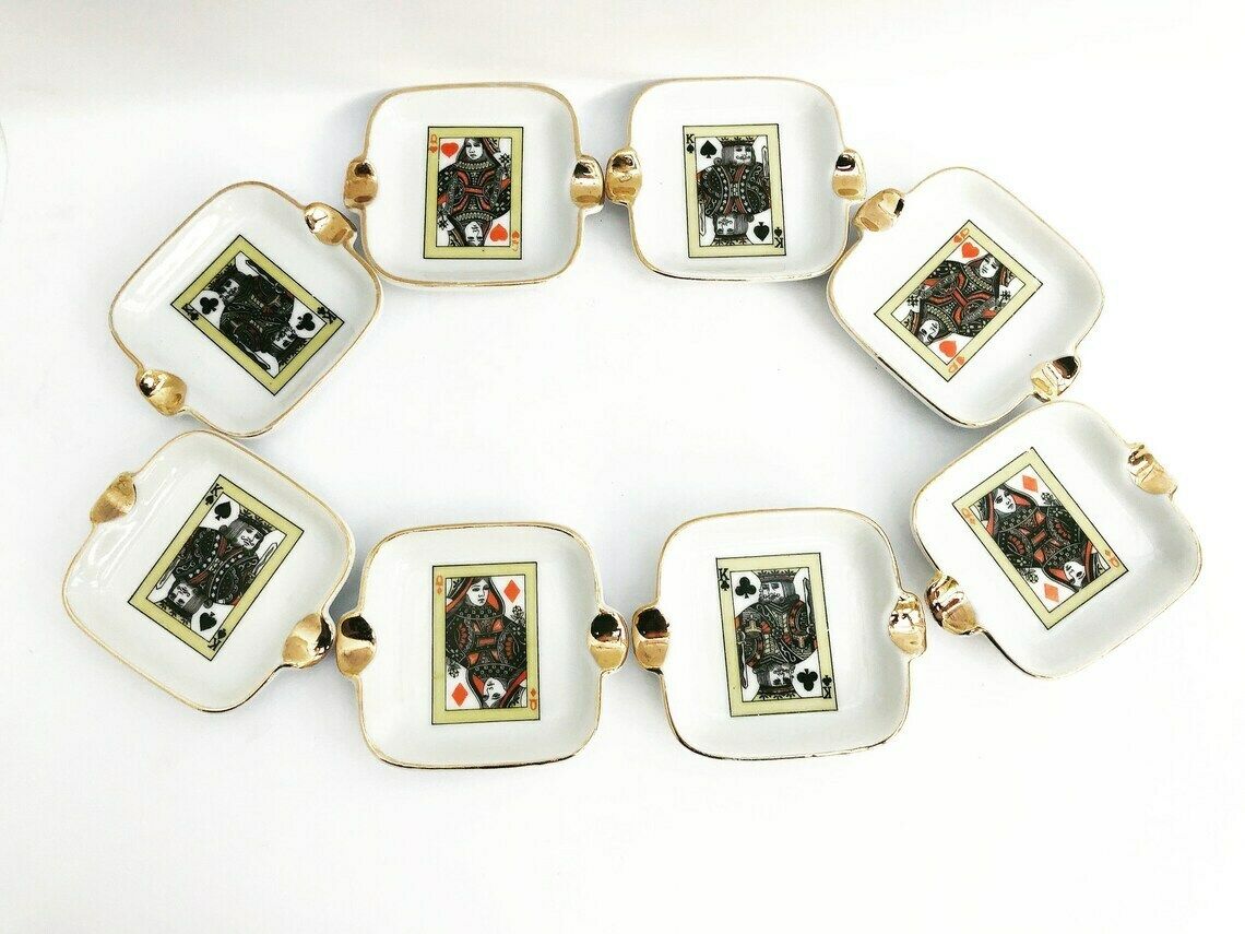Poker Bridge Canasta Playing Cards Ashtrays Set Of 8 Collectible Gambling Night Decor Table Dad Gift Bar Casino Display Man Cave Gift King photo furniture