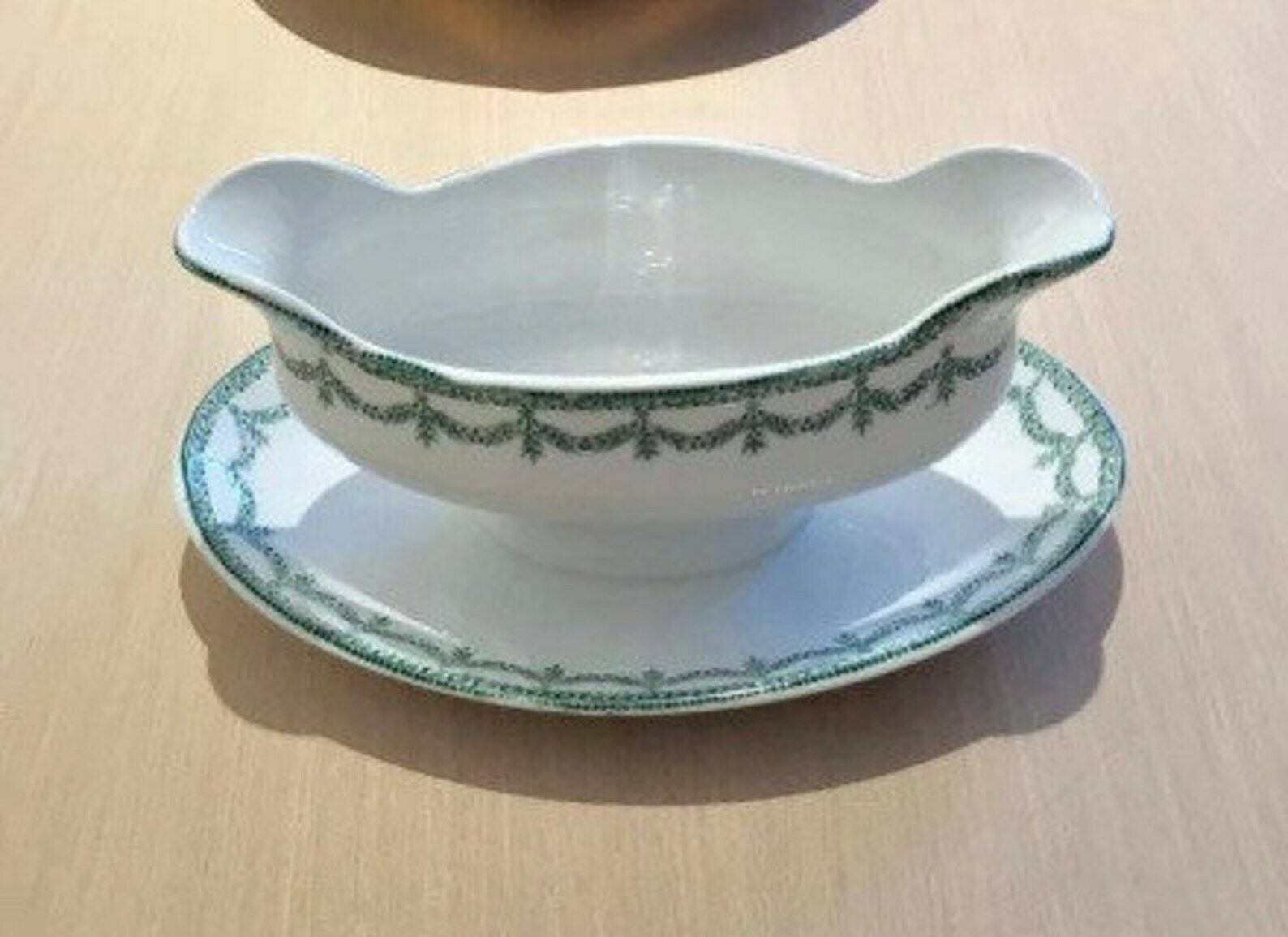Gravy Boat, Sauce Boat Vintage, Large With Dish, White Porcelain Green Guard. Made In France Wedding Gift, Dinner Table, Green And White photo Home Decor