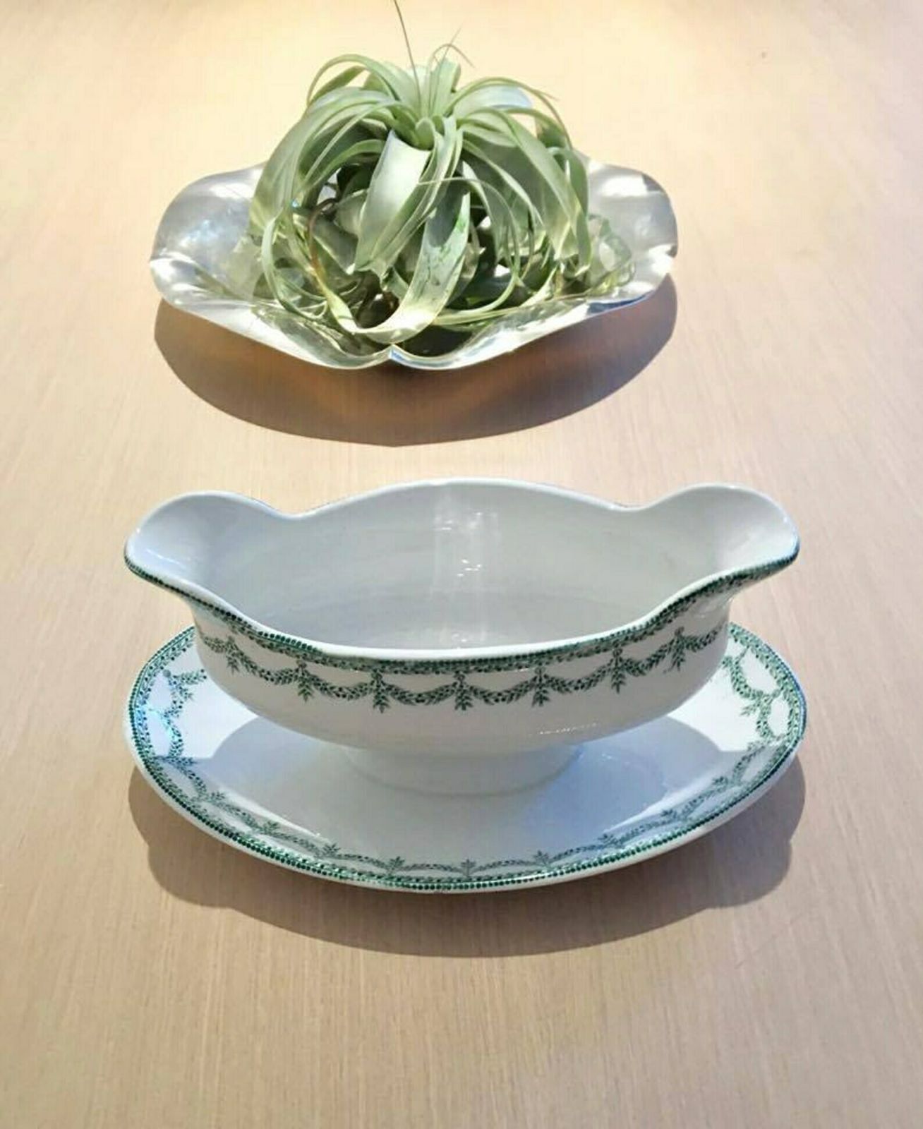 Gravy Boat, Sauce Boat Vintage, Large With Dish, White Porcelain Green Guard. Made In France Wedding Gift, Dinner Table, Green And White photo 88.0