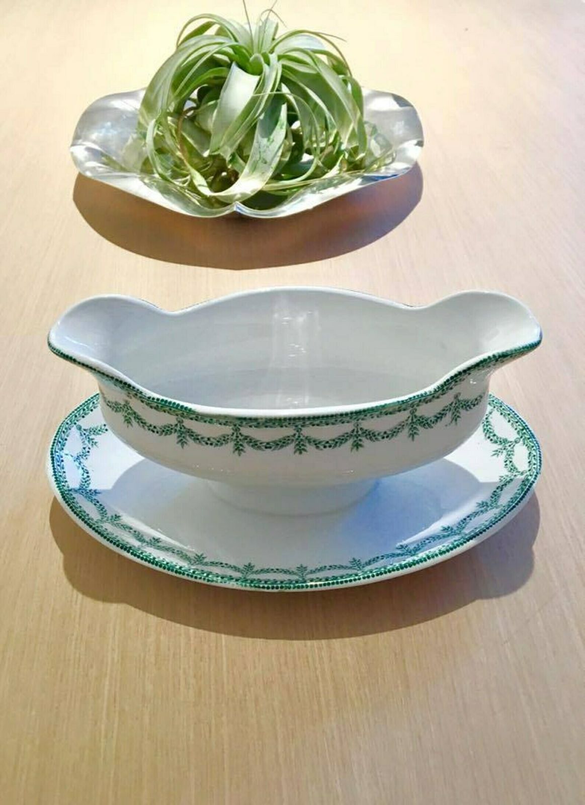 Gravy Boat, Sauce Boat Vintage, Large With Dish, White Porcelain Green Guard. Made In France Wedding Gift, Dinner Table, Green And White photo vintage