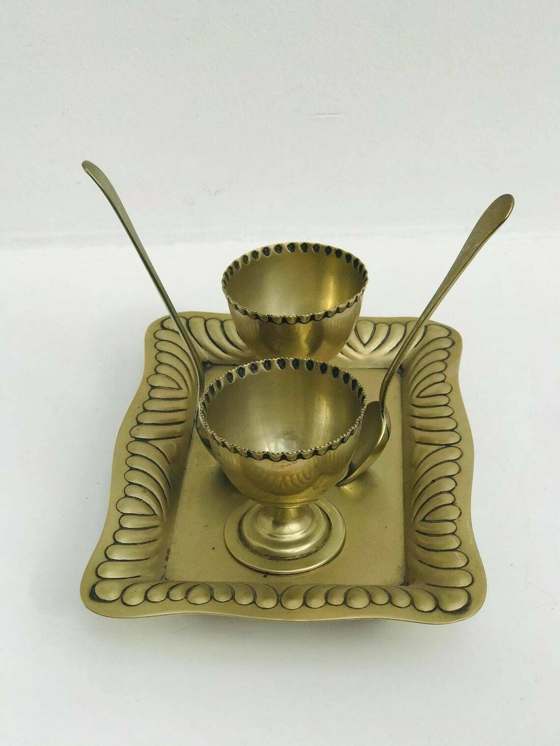 Antiek Eierdopjesset Art Deco Ontbijtset Verzilverd Epns 2 Eierdopjes Lepels Cruetset Met Standaard Huwelijkscadeau photo buy
