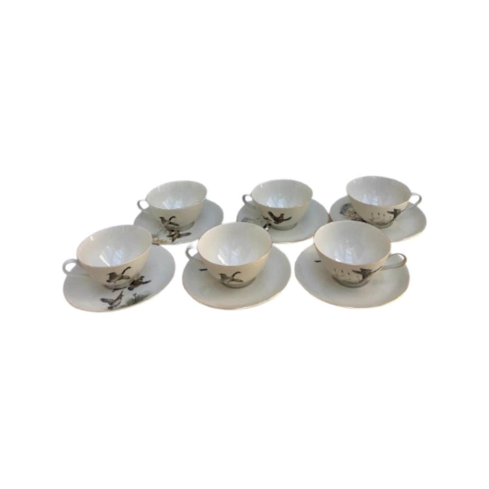 Service de 6 tasses Bareuther Waldsassen, décor faisan, oiseaux de chasse, nature et forêt
