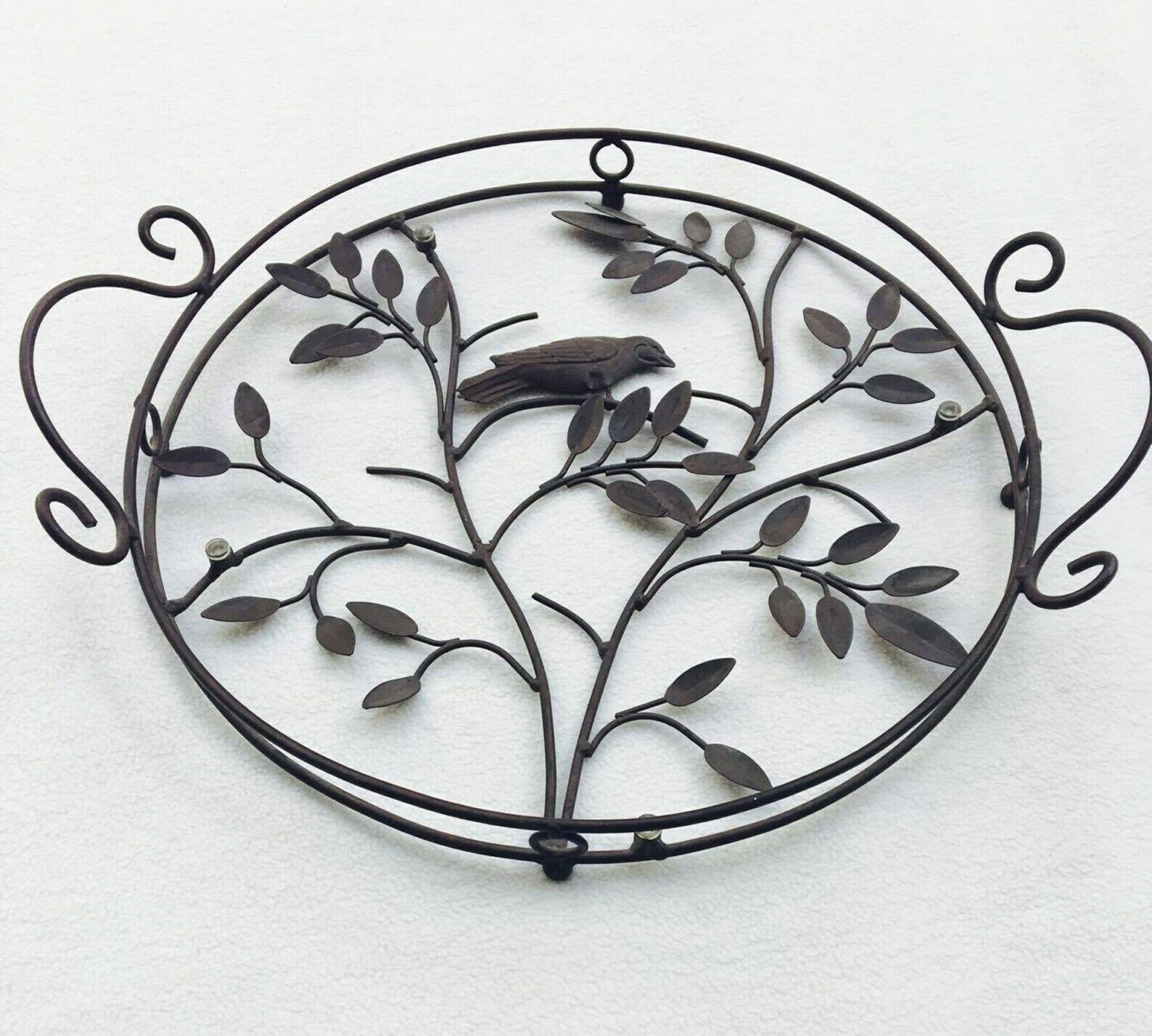 Groot Rond Vintage Metaaldraad Dienblad Met Glas – Vogel , Blad  En Bloemdecoratie, Levensboom, Cottage Country Chic, Handgemaakt, Frankrijk photo buy