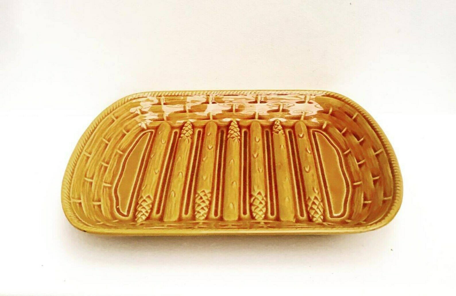 Asparagus Plate, Majolica Platter Brown Vintage Extra Large French Pottery 1960s,Ceramic Glazed Rectangular Barbotine, Asparagus Mcm photo vinterior