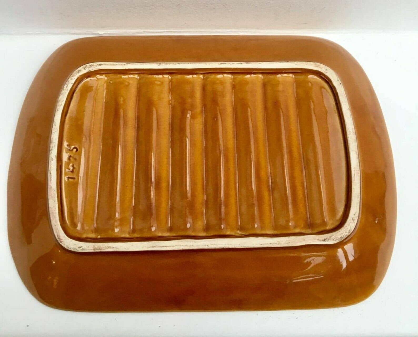 photo for sale Asparagus Plate, Majolica Platter Brown Vintage Extra Large French Pottery 1960s,Ceramic Glazed Rectangular Barbotine, Asparagus Mcm