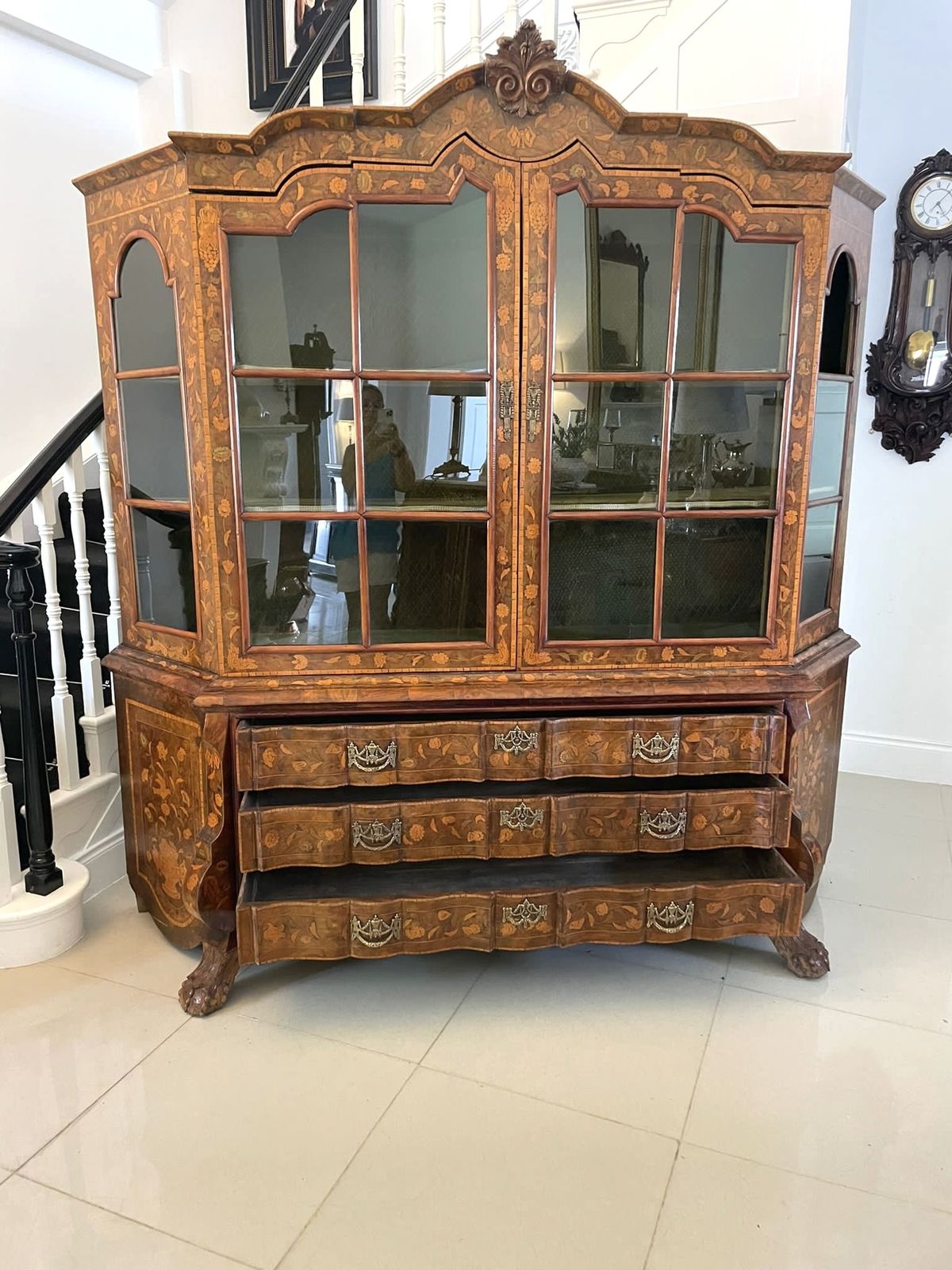 Extremely Large Antique Early 19th Century Quality Burr Walnut Dutch Floral Marquetry Inlaid Display Cabinet photo 14850.0