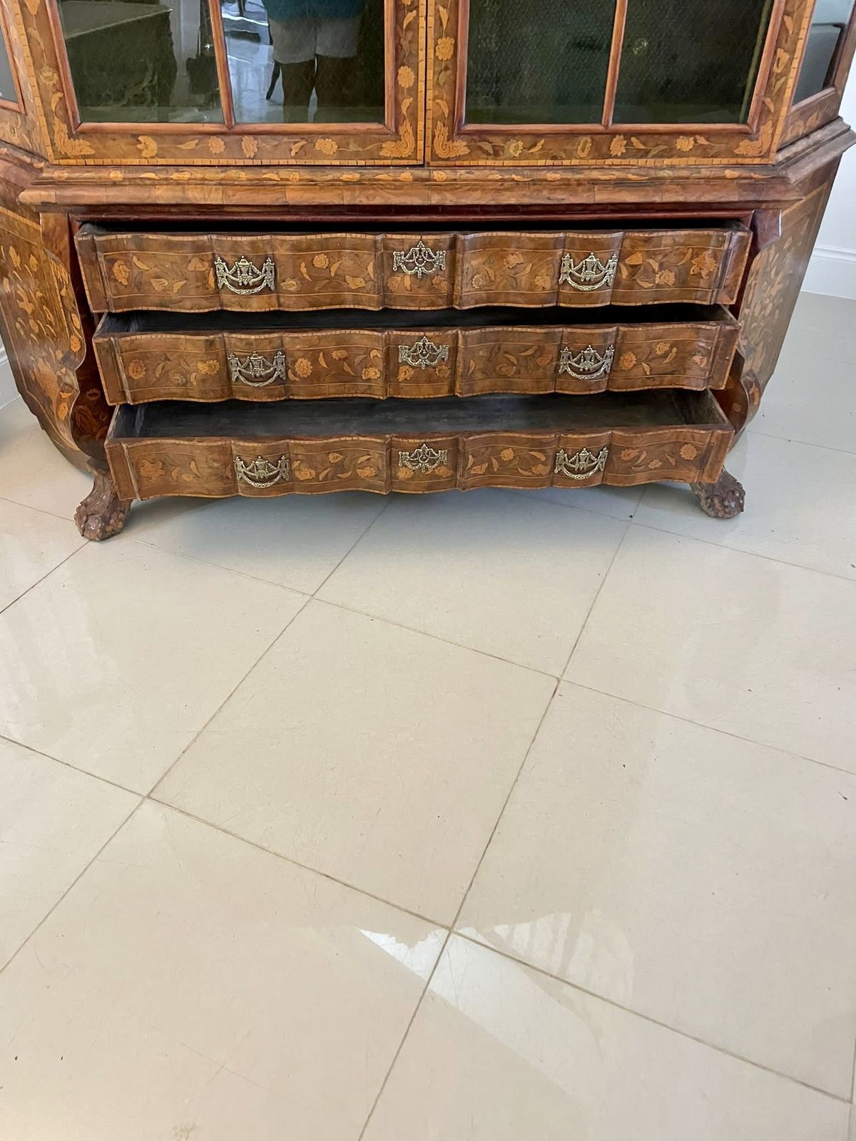 Extremely Large Antique Early 19th Century Quality Burr Walnut Dutch Floral Marquetry Inlaid Display Cabinet photo vinterior