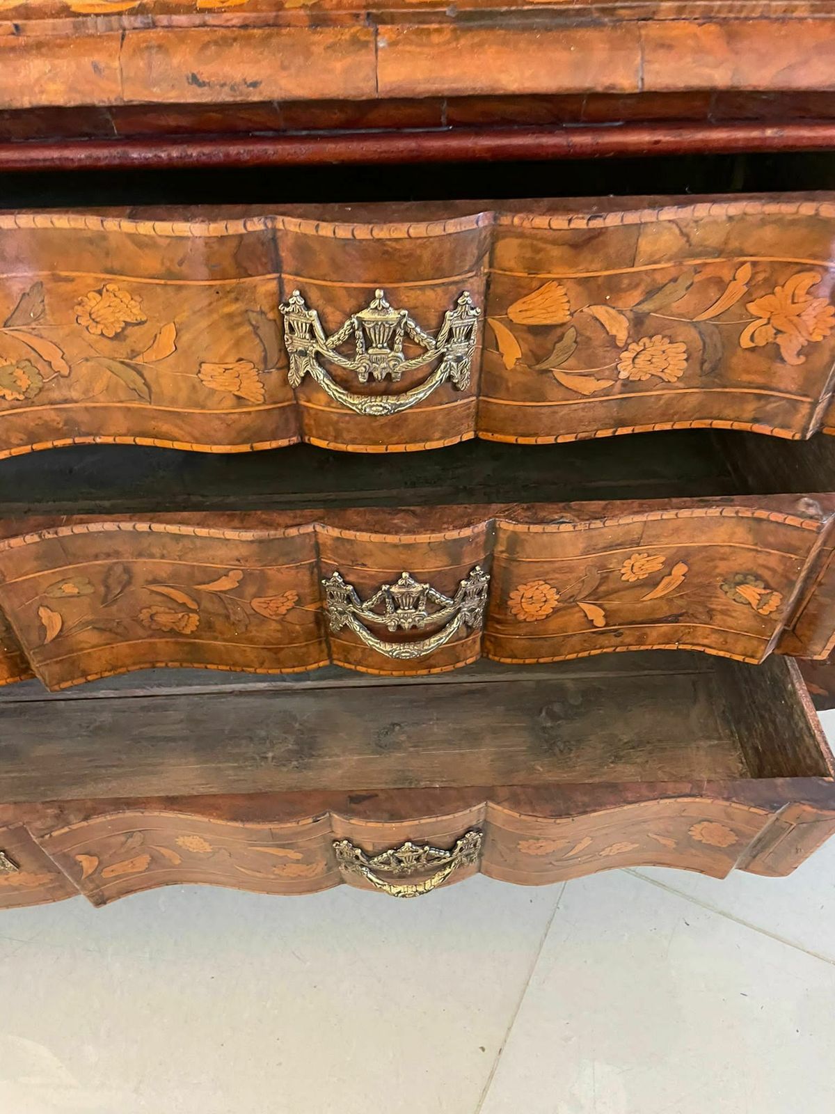 Extremely Large Antique Early 19th Century Quality Burr Walnut Dutch Floral Marquetry Inlaid Display Cabinet photo vintage