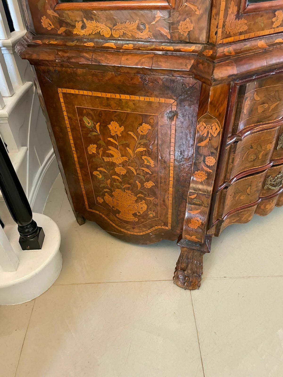 Furniture Extremely Large Antique Early 19th Century Quality Burr Walnut Dutch Floral Marquetry Inlaid Display Cabinet photo